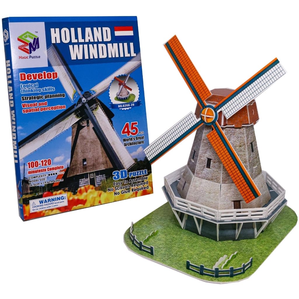 3D Puzzle Global Landmarks Dutch Windmill Grand Unique & Collectible Model Assembly Building Kit for Kids & Adults 47pcs