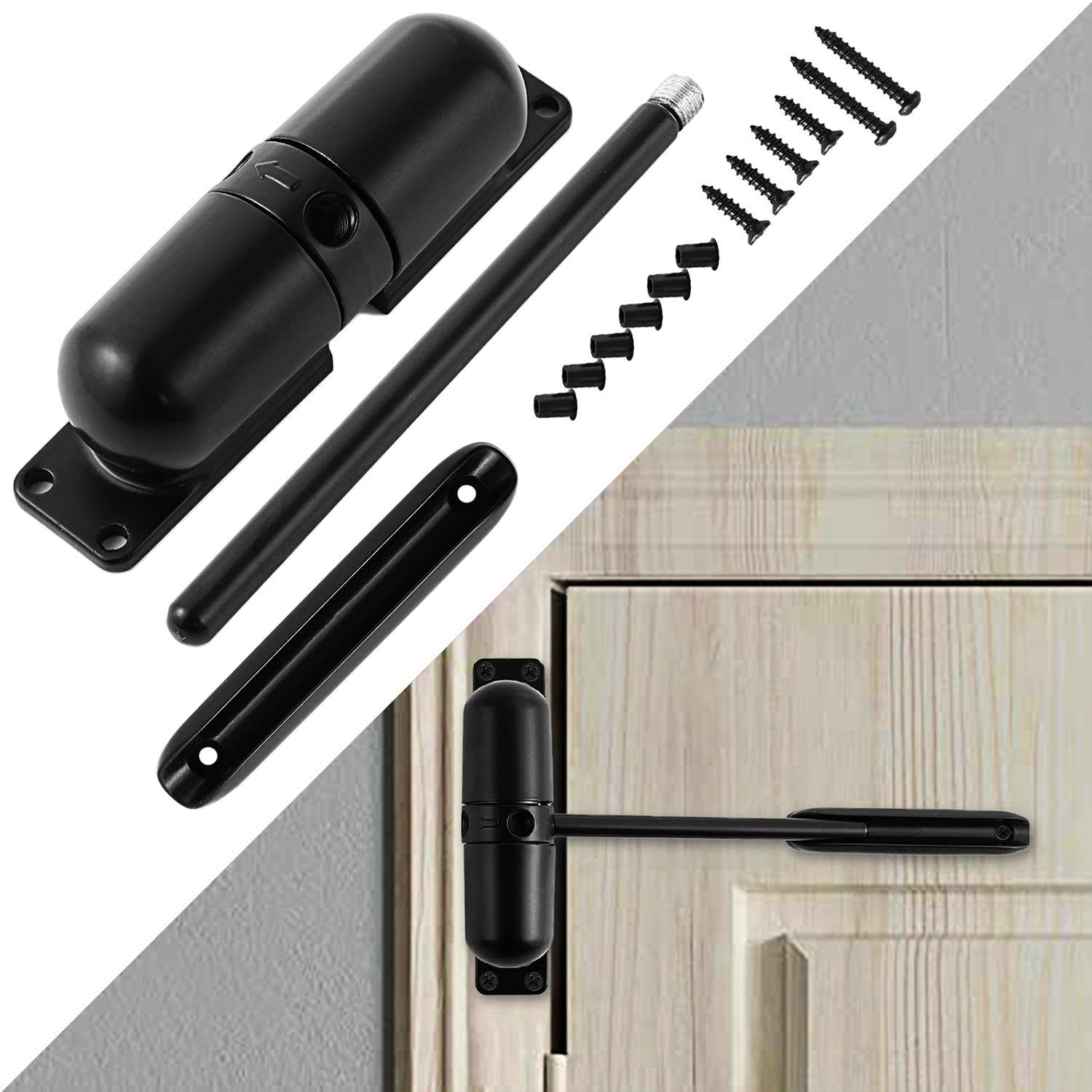 AMERTEER Black Automatic Door Closer Kit - Adjustable Hydraulic Self-Closing Mechanism for Wooden Doors, Quiet & Durable, Easy-Install for Home & Office, Heavy-Duty, Compact, Weather-Resistant