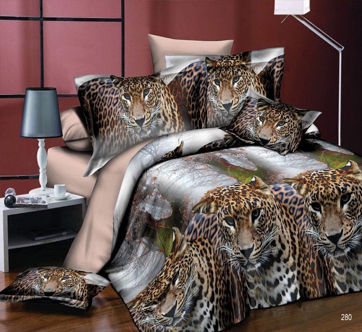 THL 4 Piece Complete Bedding Set 3D Effect Animal Printed Duvet Cover with Fitted Sheet Pillowcase (Leopard Jungle 280, Superking)