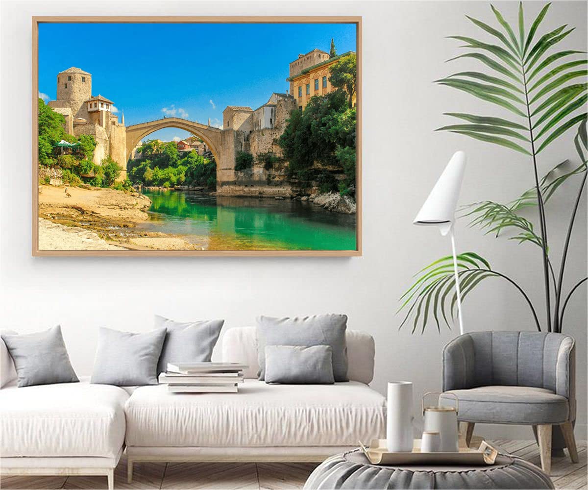 VERRE ART Wooden Floater Framed Canvas - Wall Decor for Living Room, Bedroom, Office, Hotels, Drawing Room (34in X22in) - Old Bridge View From Neretva