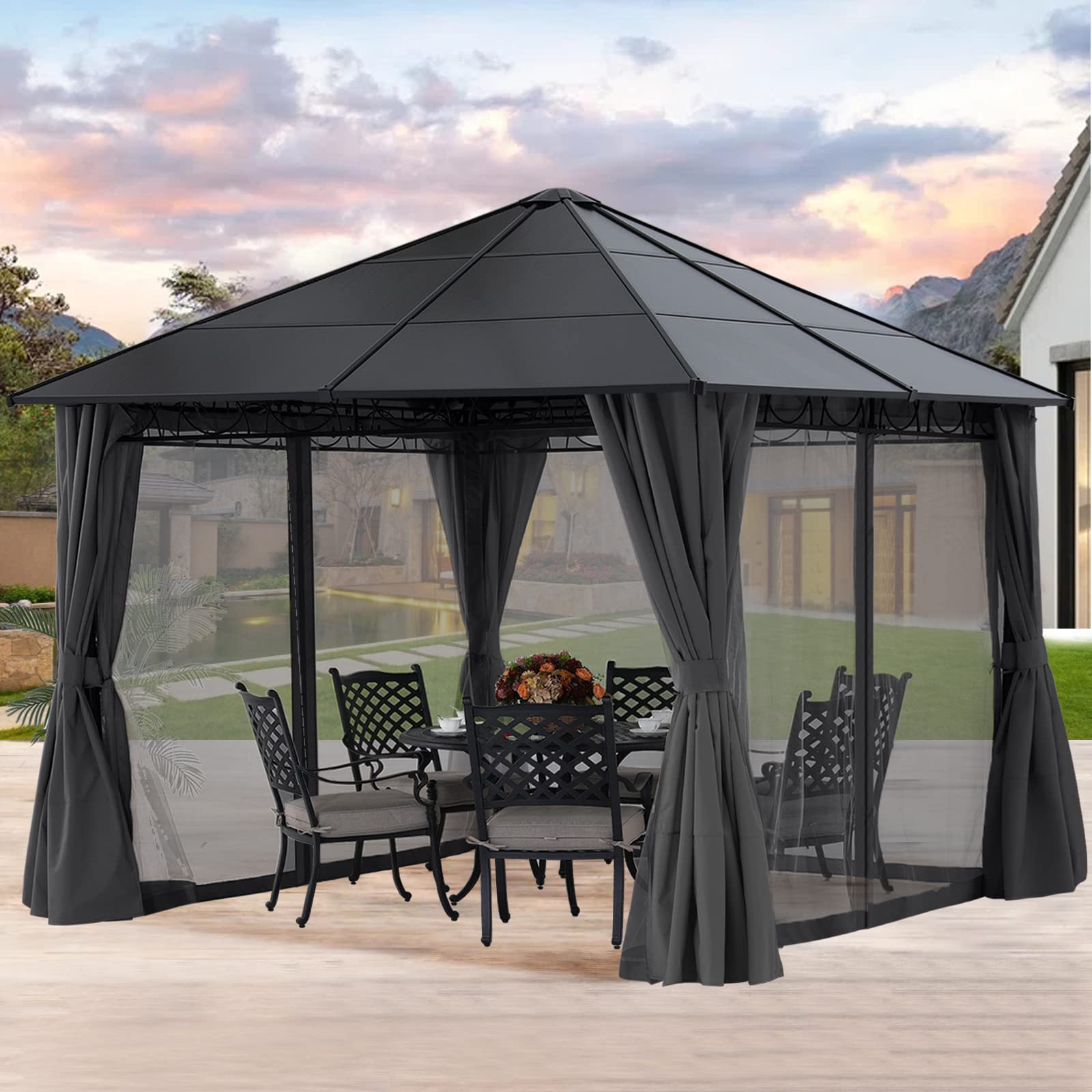 MASTERCANOPY10x10 Outdoor Hardtop Gazebo Aluminum Frame Polycarbonate Top Canopy with Curtains and Netting, Dark Grey