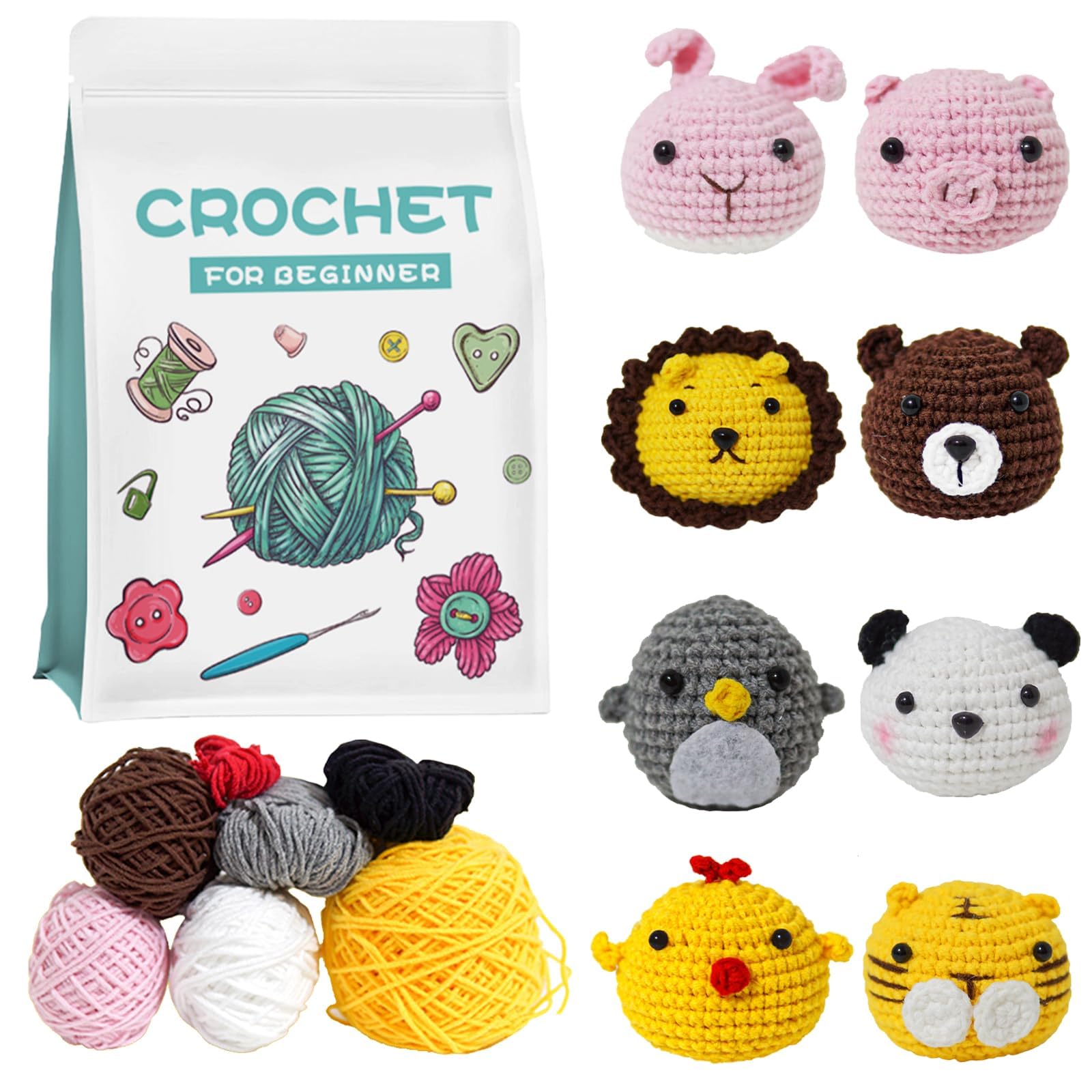 bueziiu Crochet Kit for Beginners 8 PCS Mini Size Crochet Animals Kit DIY Handmade Knitting Kit for Kids and Adults with Step-by-Step Instruction and Video Tutorials