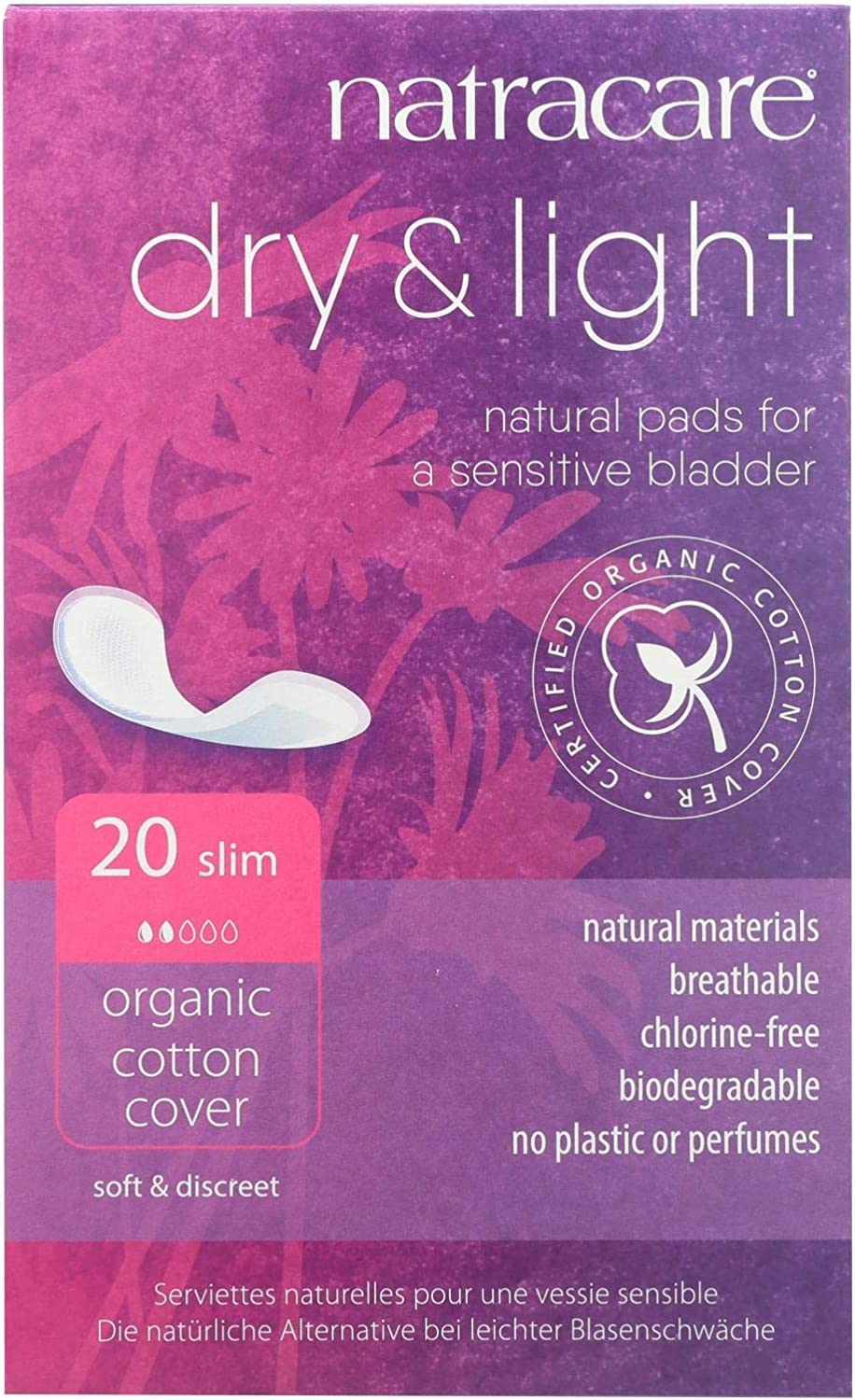 NATRACAREDry & Light, Slim, Natural and Absorbent Pads with Organic Cotton Cover for Light Urinary Incontinence (6 Pack, 120 Pads Total)