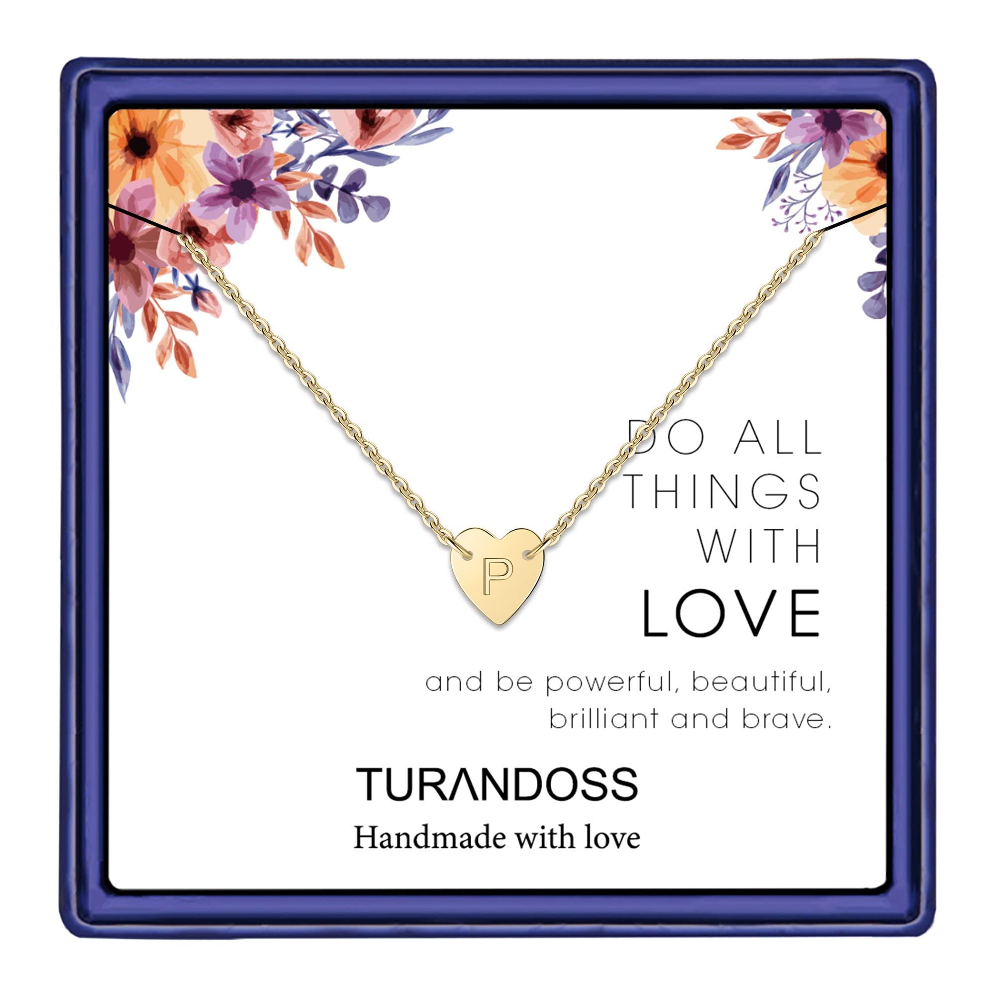 TurandossTiny Initial Heart Necklace - 14K Gold Filled Handmade Double Side Engraved Hammered Heart Initial Necklace Gift for Women Girls Jewelry