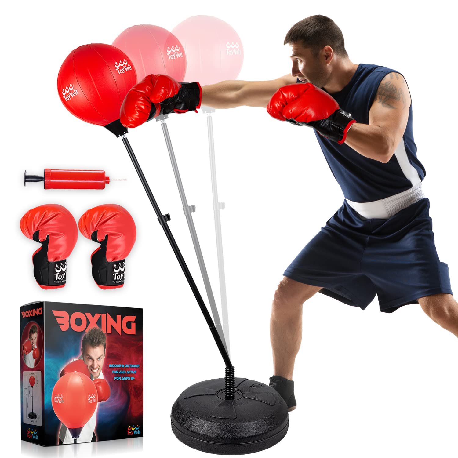 ToyVeltPunching Bag with Stand for Teens and Adults, Boxing Bag, Speed Bags for Boxing, Adjustable Standing Punching Bag, Boxing Equipment, Boxing Gloves, Hand Pump