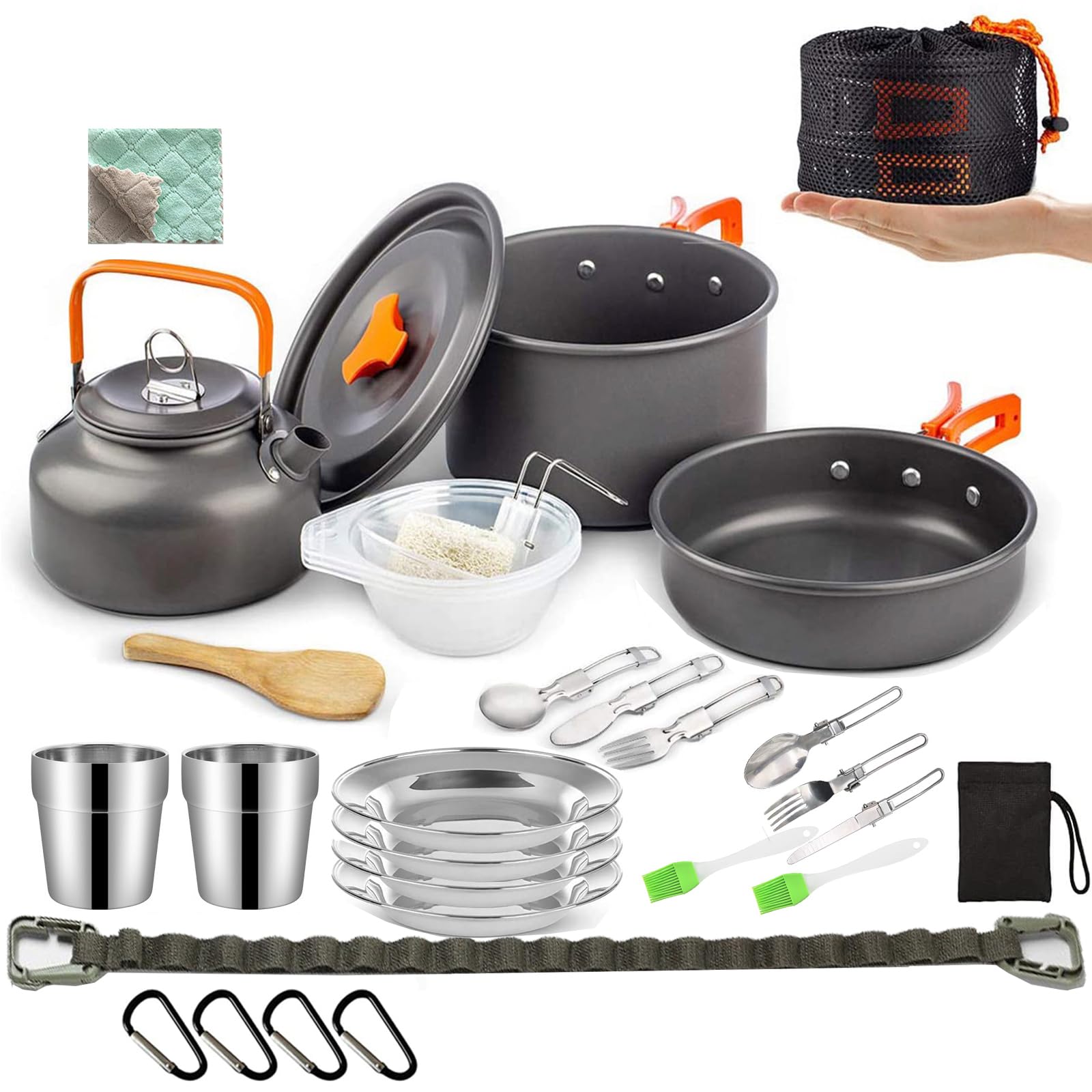 IS MUHE 29pcs Camping Cookware Mess Kit - Non-Stick Pot and Pan Kettle Set with Stainless Steel Cups Plates Forks Knives Spoons, Camping Cooking Set for Camping, Outdoor Cooking and Picnic