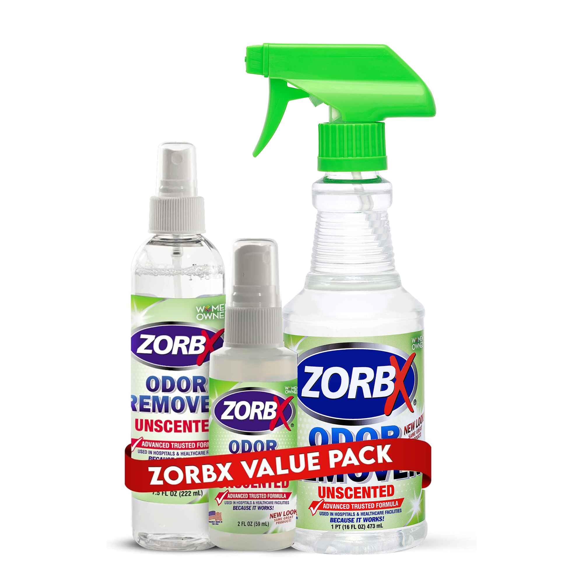 ZORBXUnscented Odor Eliminator for Strong Odor - Used in Hospitals & Healthcare Facilities | Advanced Formula, Fast-Acting Odor Remover Spray for Dog, Cat, House & Carpet - (16 Oz + 7.5 Oz + 2 Oz)