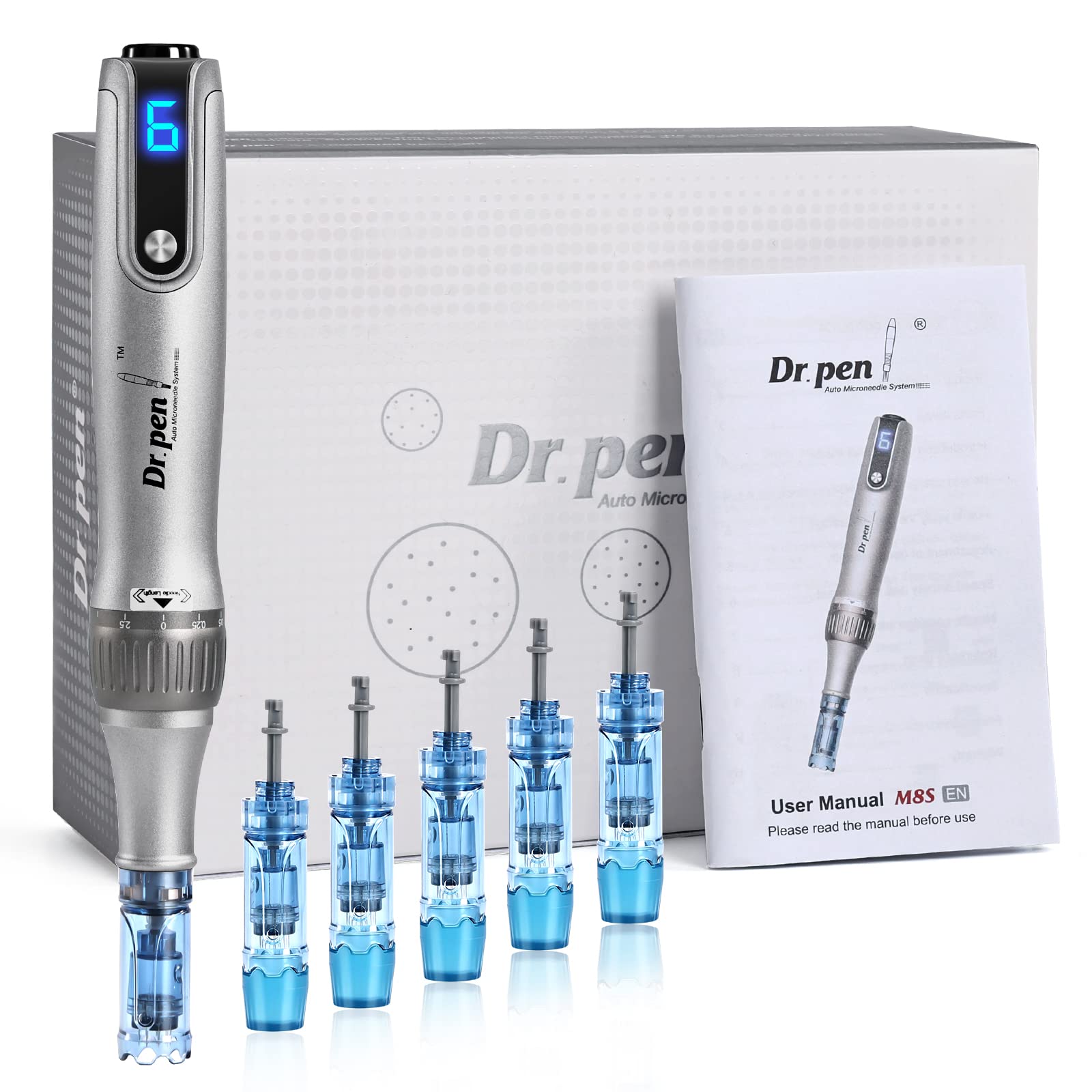 Dr.Pen Microneedling, Professional Dermapen M8S Wireless Derma Roller Pen with 6pcs 12PIN 36PIN Replacement Cartridges Needles, 6 Speed Levels 0.25-2.5mm Adjustable