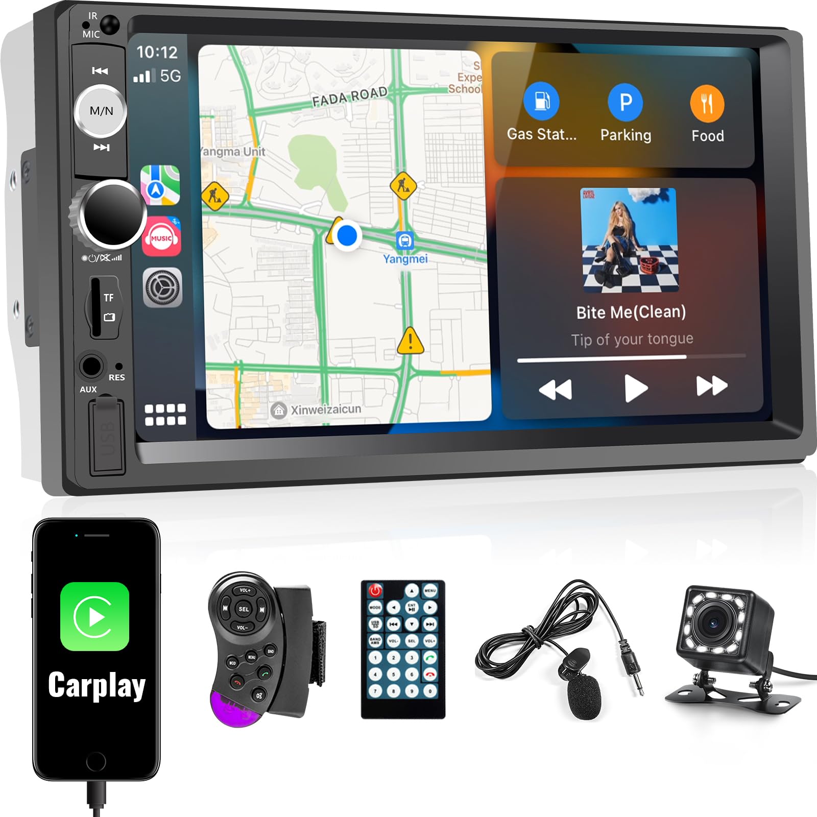 AMPrime Double Din Apple Carplay Stereo Radio with Bluetooth 7 Inch 1080P Touchscreen FM Receiver MP5 Car Multimedia Player Support Mirror Link, Subwoofer Input+12LED Backup Camera,Remote Control,SWC