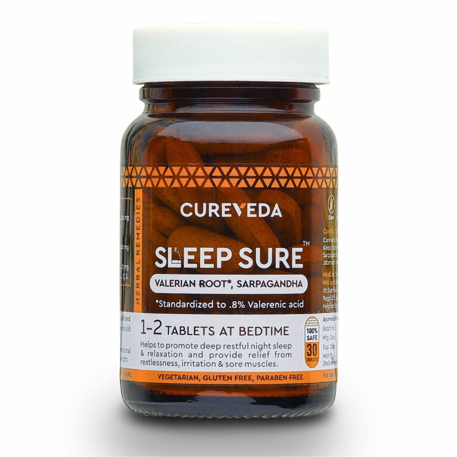 Cureveda Herbal SleepSure Non-Habit Sleeping Pills for Improved and Healthy Deep Sleep Valerian Root (Gold Standard- Extra Strength), General Wellness Stress Relief - 30 Veg Tablets