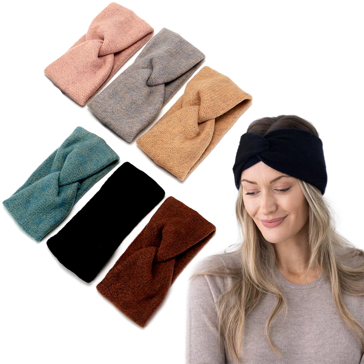 LONEEDY6 Pack Soft Knit Warmer Headband,Fashion Turban Stretch Knot Hairbands Warmer Ear for Women Girls Winter (6 PCS Knitted)