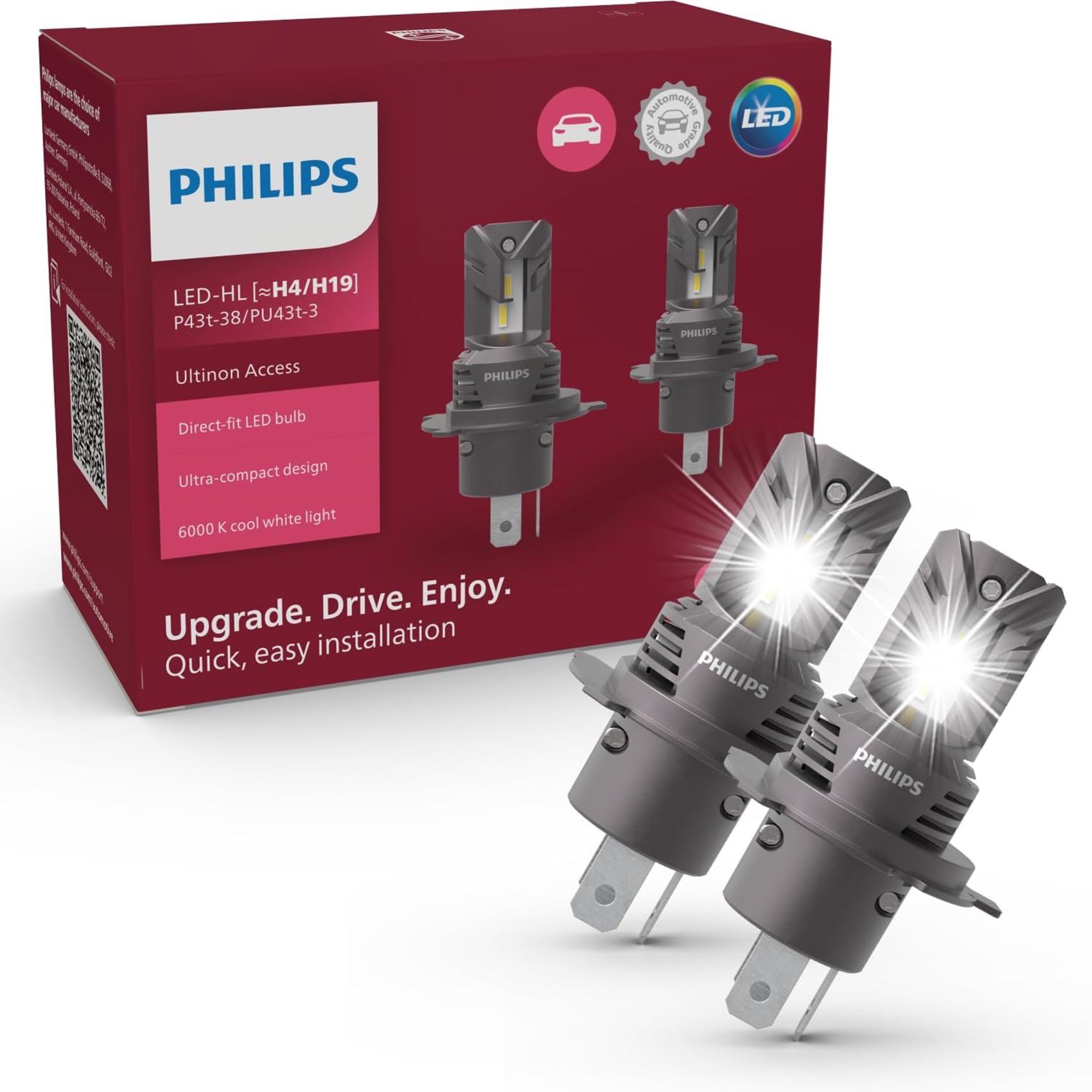 PHILIPS Ultinon Access LED car headlight bulb (H4), ultra-compact direct-fit, 80%, 6.000K, set of 2