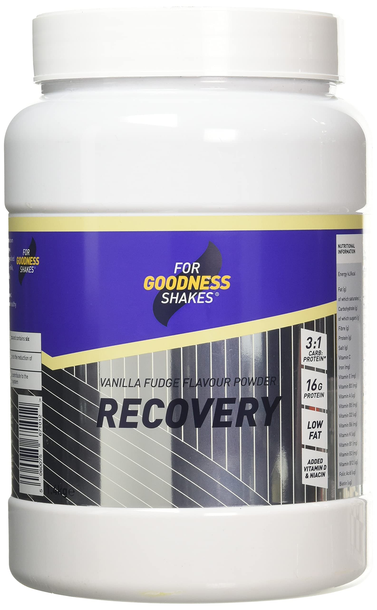 For Goodness ShakesVanilla Fudge Recovery Powder, 16g Protein per 75g, Fat-Free & High Carb With Protein, Vitamin B12 & D, Folic Acid & Niacin, Post Workout Protein Powder, 20 servings, 1.4 kg