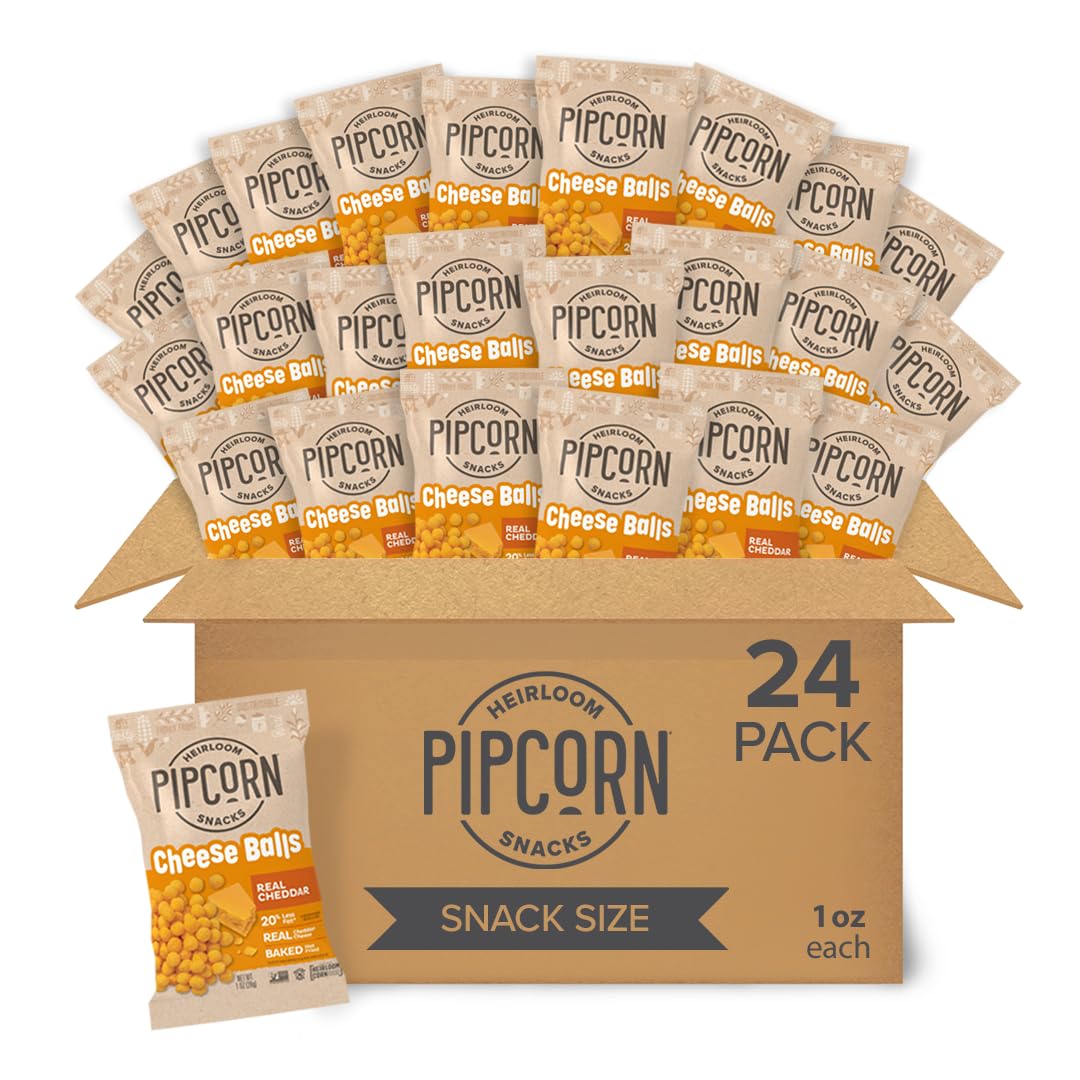 Heirloom Cheddar Cheese Balls by Pipcorn - Cheddar 1oz 24pk - Healthy Snacks, Gluten Free Snacks, Snack Packs, Heirloom Corn, Baked not Fried, Individually Wrapped