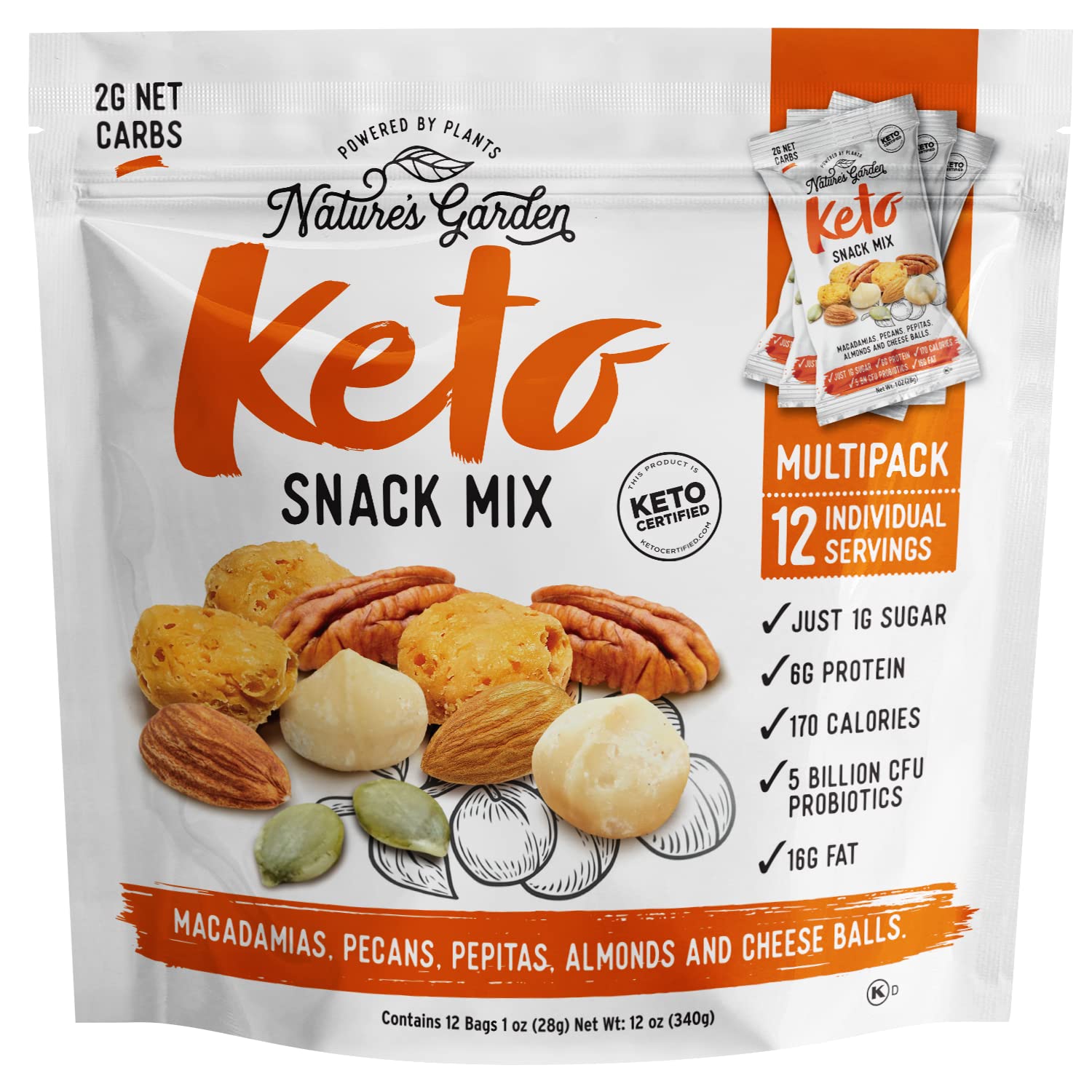 Nature’s Garden Keto Snack Mix - Probiotic Cheese Balls, Crunchy Keto Snack, Keto Snack Mix, All Natural, Low Carb, Heart Healthy Nuts – 1 Oz Bags (12 Individual Servings)