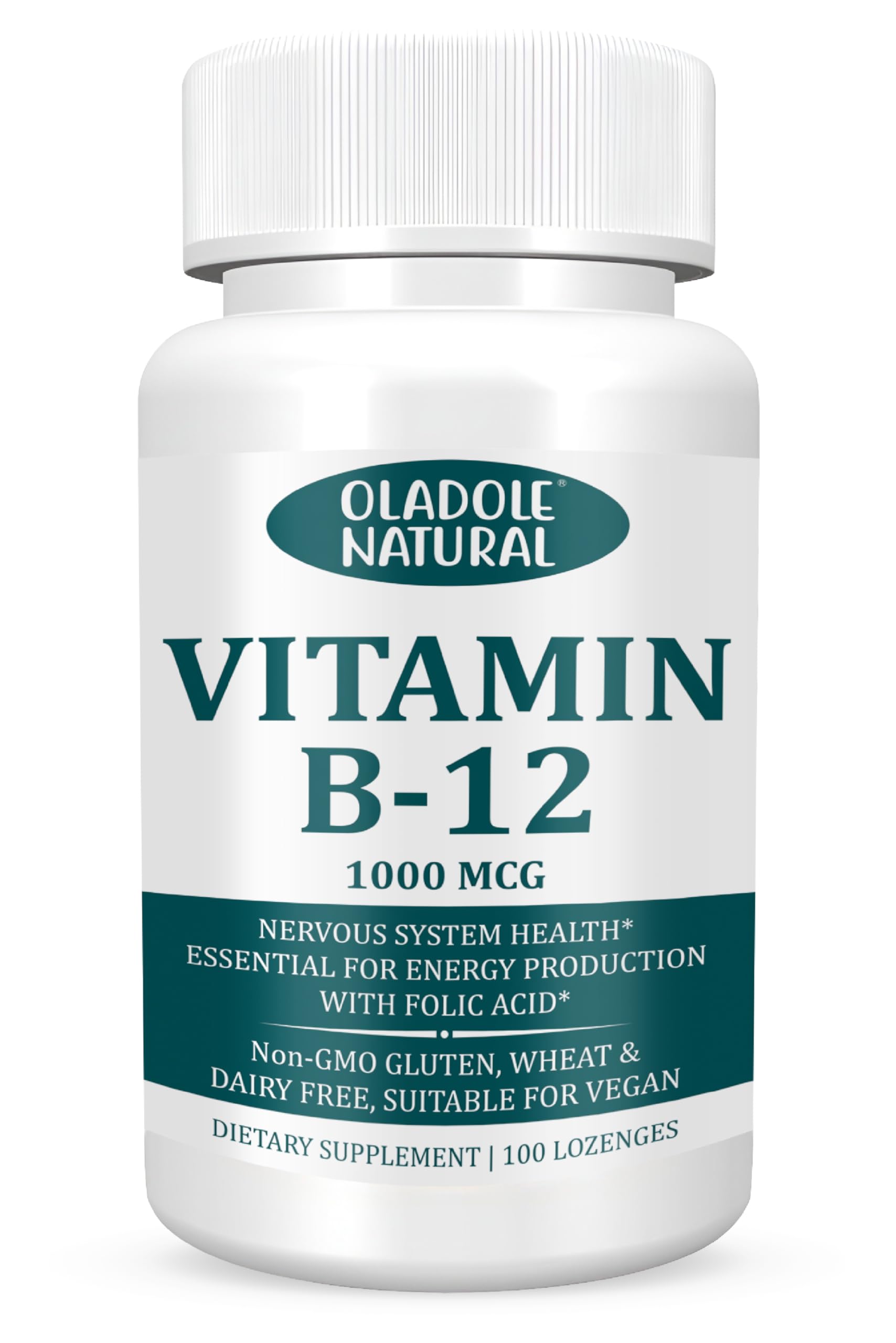 Oladole NaturalVitamin B-12 (1000mcg) - 100 Lozenges Black Cherry Flavour | Formulated with Folic Acid | Energy Boost, Red Blood Cell Formation, Nervous System Support & Immune Health | Non-GMO