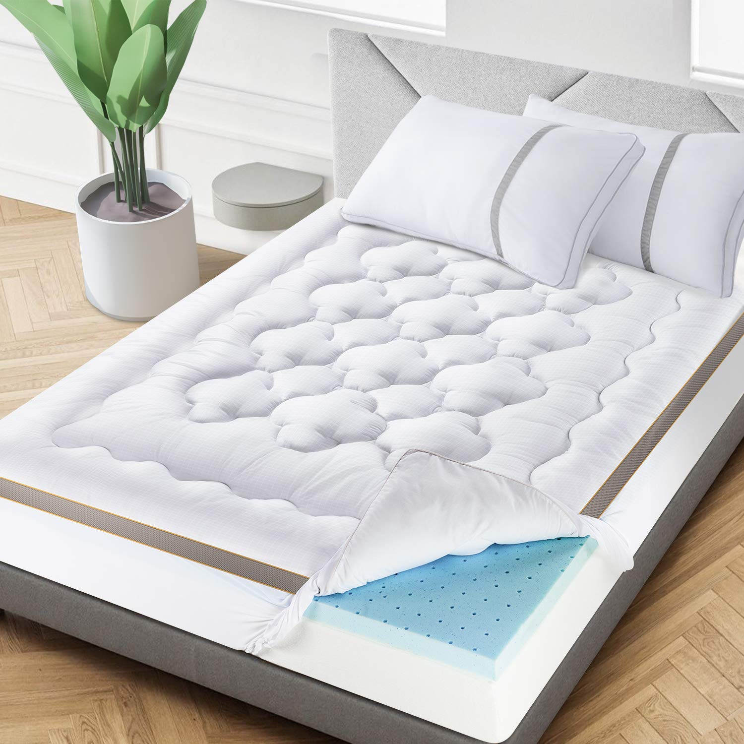 BedStory Mattress Topper Twin Size, Dual-Layer Pillow Top & Gel Memory Foam Bed Toppers 3.6 Inch, 2-in-1 Combination of Comfort and Support, White