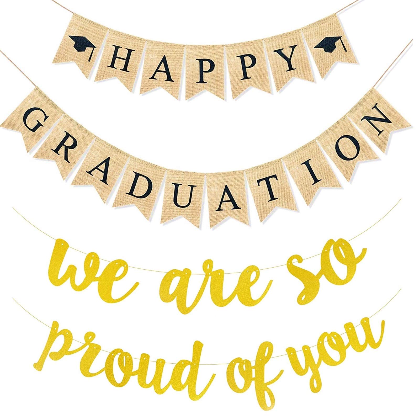 FANTESI 2PCS Happy Graduation Burlap Banner We Are So Proud Of You Graduation Banner Gold Graduation Bunting Set For Home,College,Senior,High School Decorations