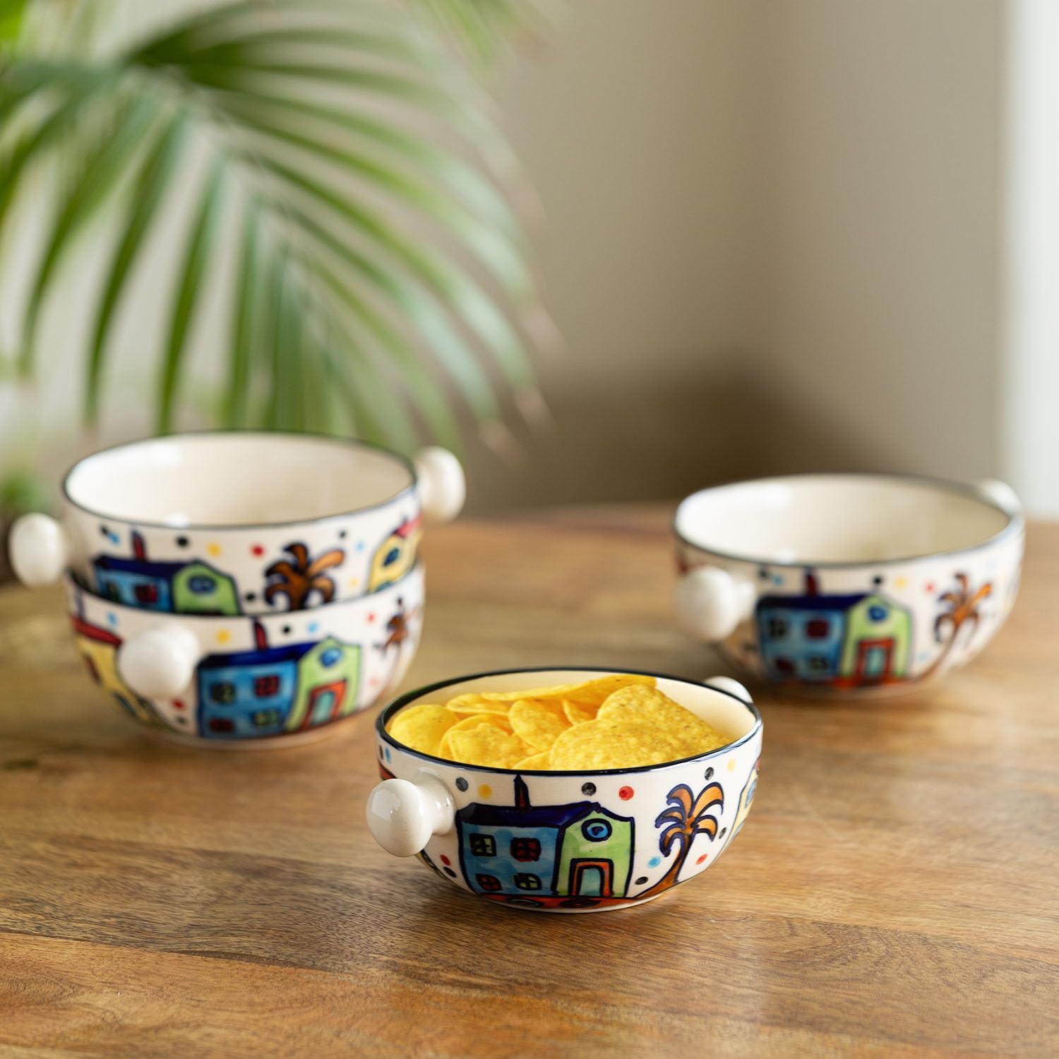 ExclusiveLane Ceramic Serving Bowls Set for Dining Table | 'The Hut Handled Bowls' Handpainted Multicolored Snacks Serving Bowl Serveware (Set of 4, 260 ML, Dishwasher & Microwave Safe)