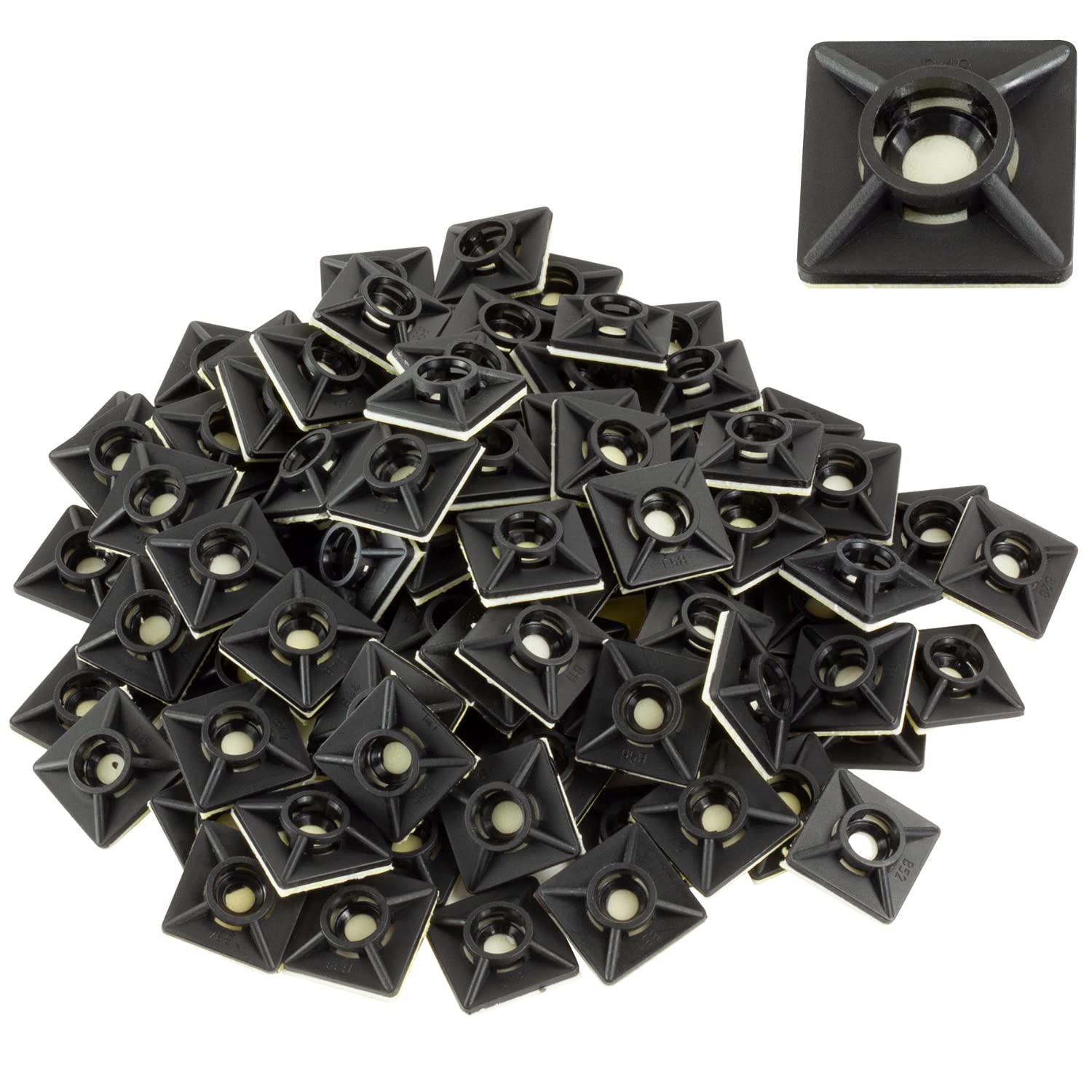 GTSE 100 Pack Black Zip Tie Mounts, 3/4" Adhesive Mounting Squares, Cable Tie Mount, Zip Tie Anchor for Wire Bundles, UV Resistant Tie Wrap Bases