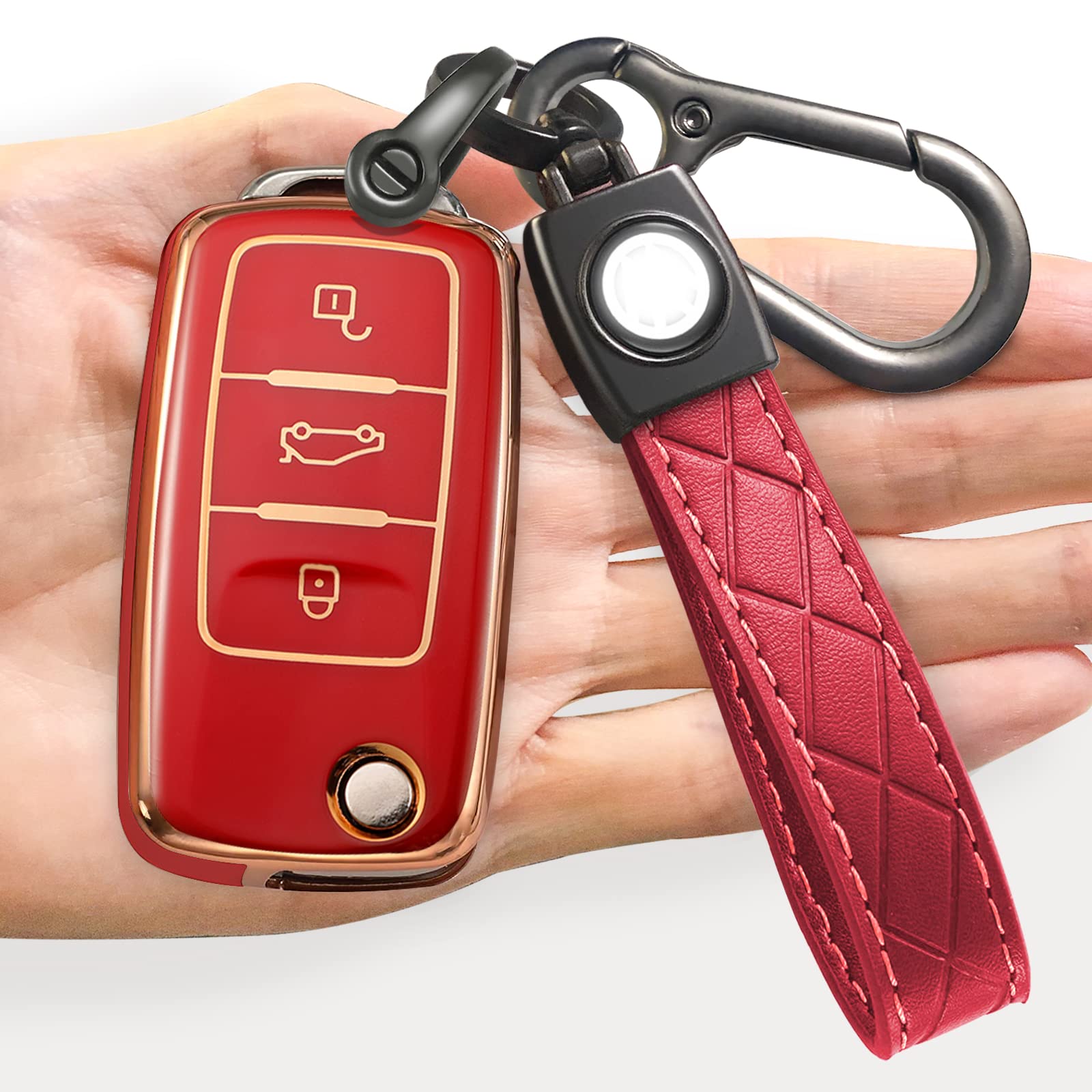 Lyonuczs for Volkswagen Key Fob Cover Soft TPU with Keychain 360 Degree Protector Key Fob Case Holder for VW Jetta Golf Polo MK8 Passat Tiguan Beetle Smart Key Accessories (Red)