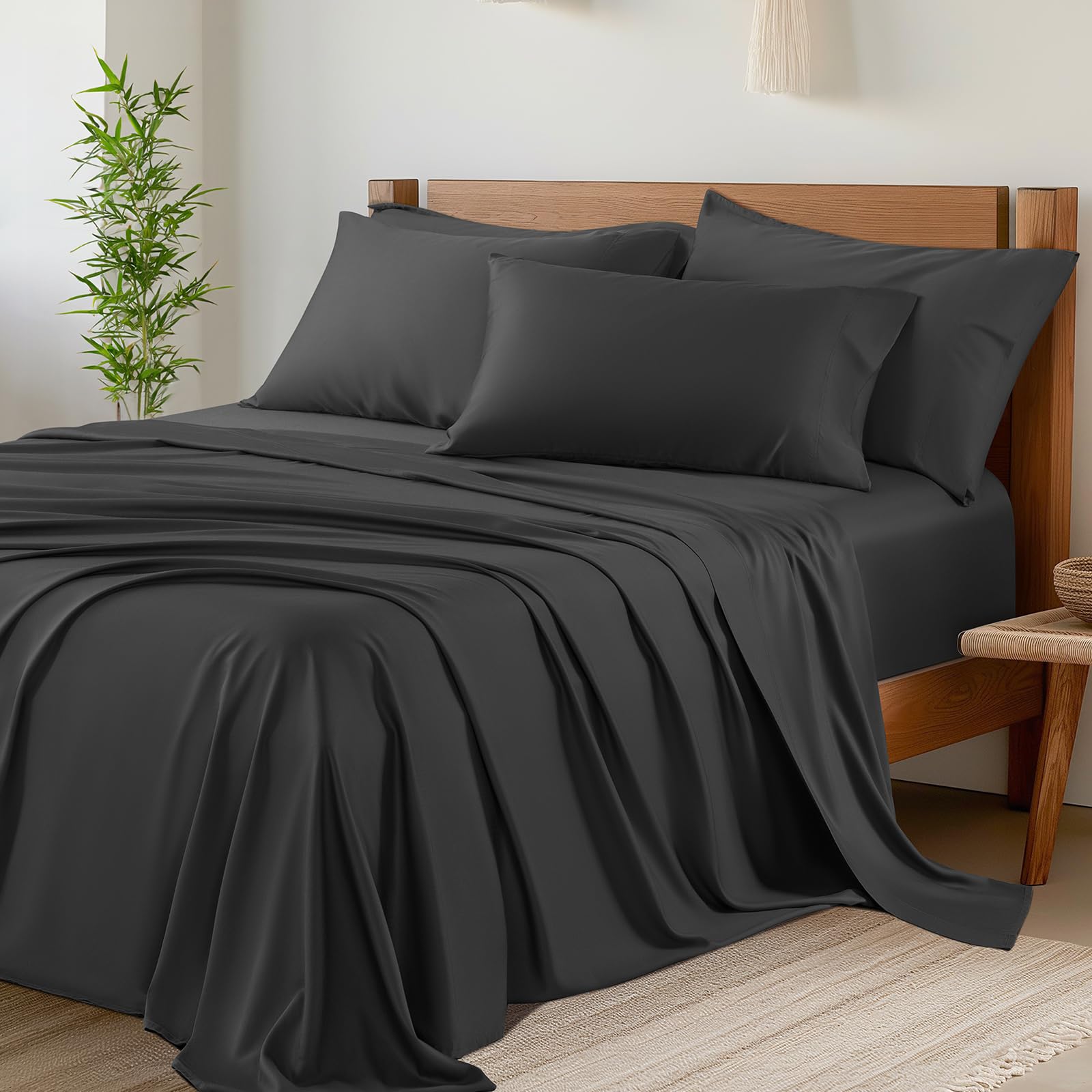 Shilucheng Bamboo 6-Piece King Size Bed Sheets Set 1800 Thread Count 16 Inch Deep Pockets Cool Eco Friendly Soft and Comforterble Wrinkle Fade and Hypoallergenic (King,Black)