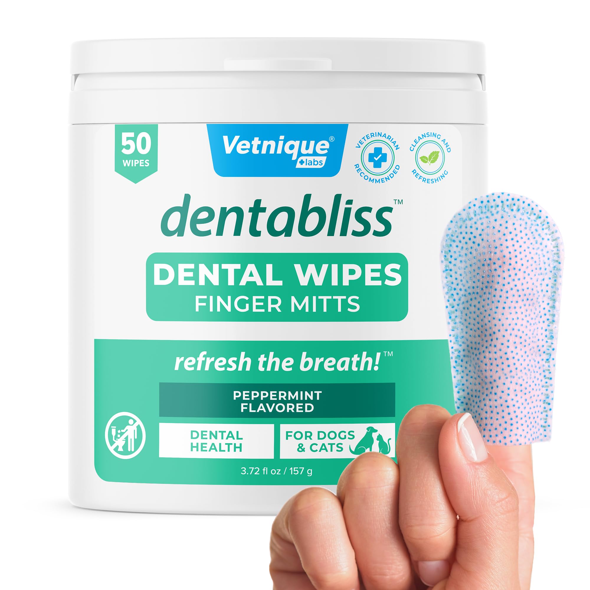 Vetnique Dentabliss - Dog Teeth Cleaning Finger Mitt Dental Wipe - Dog Plaque and Tartar Prevention with Brushing Beads - Convenient Peppermint Dog Teeth Wipes, Dog Breath Freshener