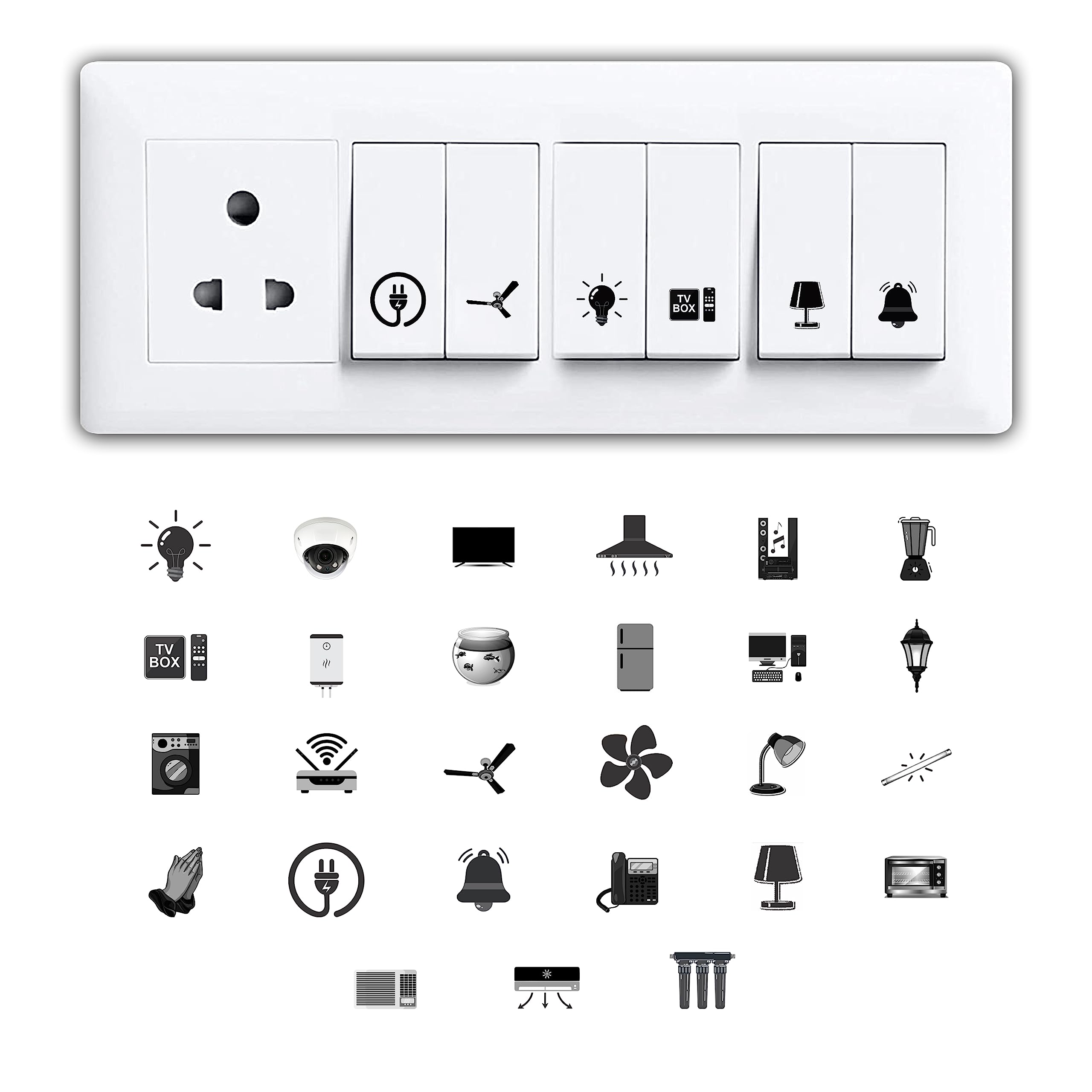 CLICKEDIN Transparent Black and White Switch ID Sticker Vinyl Labels 3-A4 Sheets for Electric Board Appliances Including 27 Designs in Total 495 Stickers