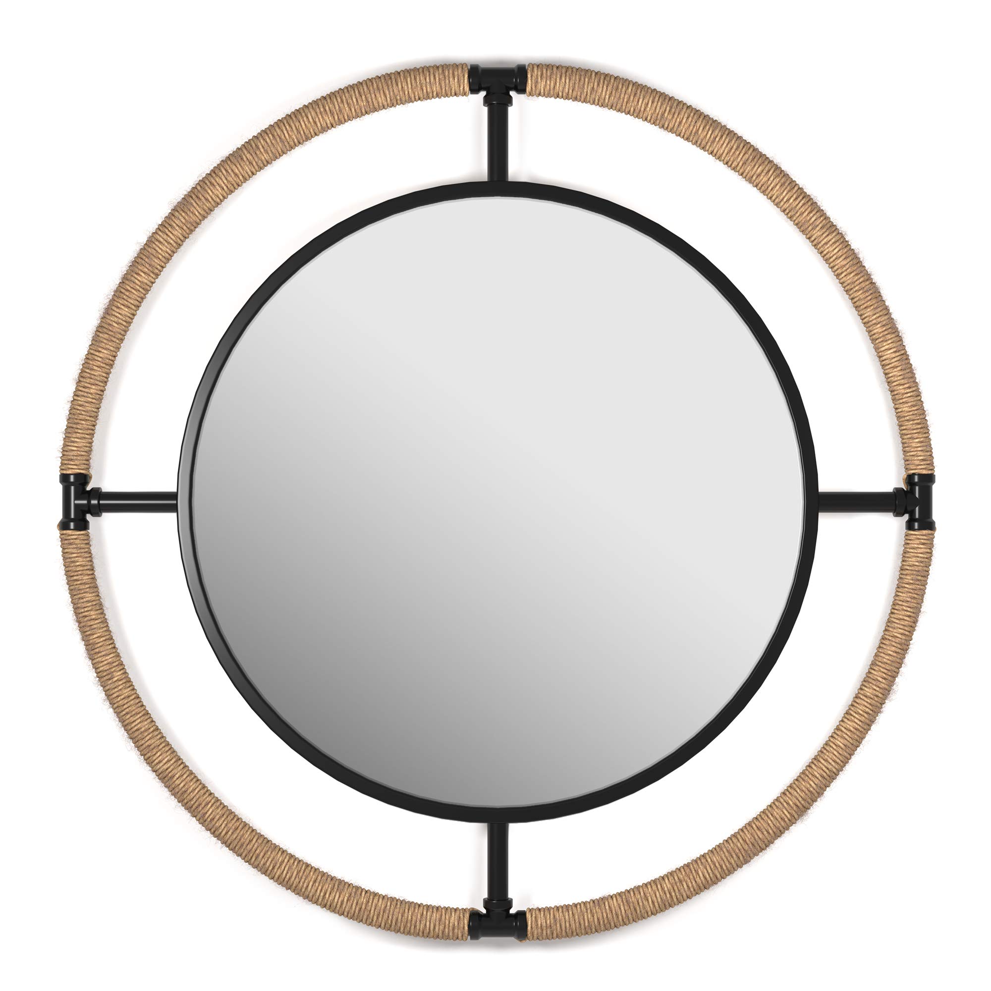 Barnyard Designs 32 Inch Round Nautical Coastal Wall Mirror, Metal/Rope Framed Rustic Farmhouse Bathroom Beach Decor, Black/Natural