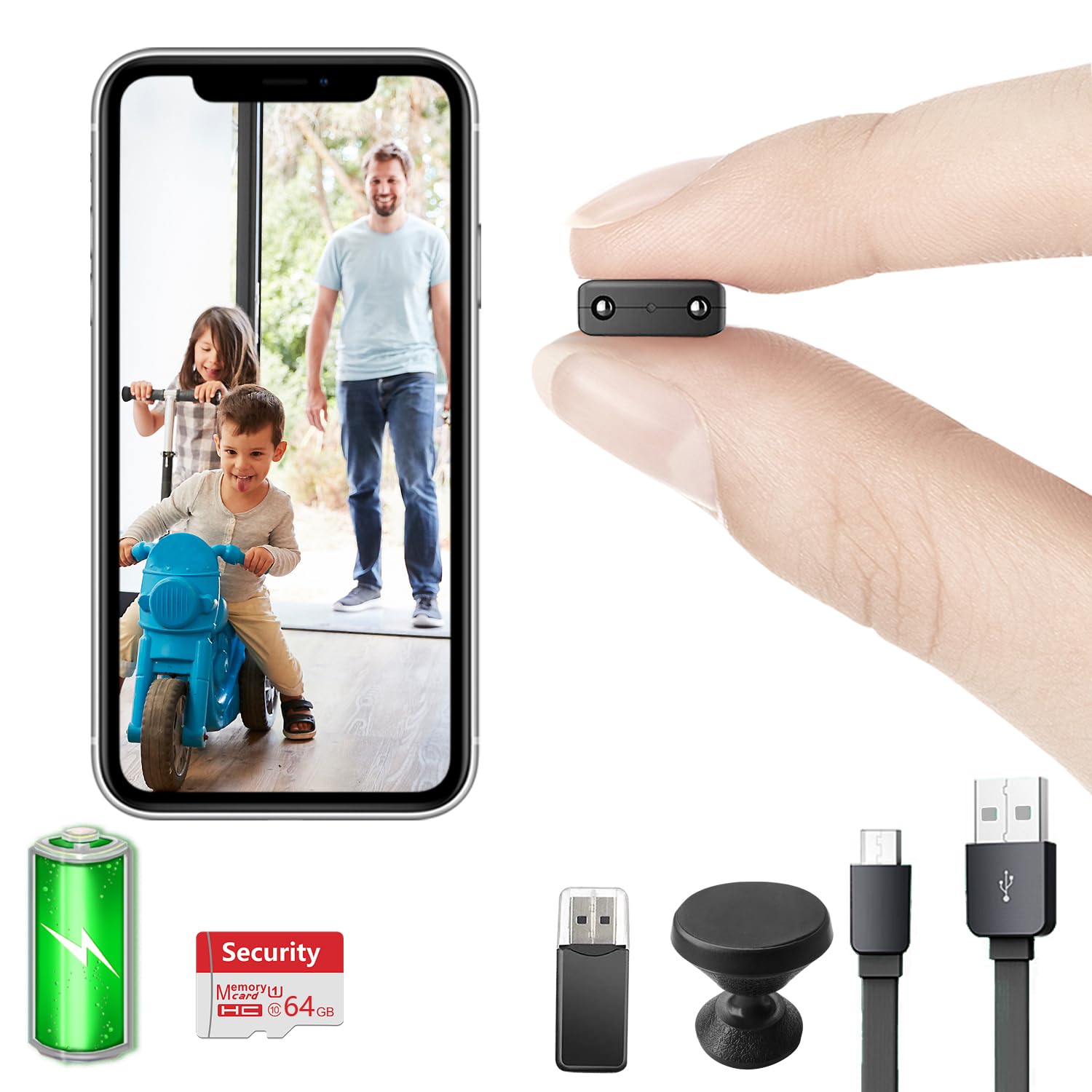 【Free 64G】 Smallest Wireless WiFi Camera,HD1080P Portable Battery Camera,Baby Monitor for Video Recording Live Feed with Night Vision,Motion Detection, Remote Viewing for Security with iOS Android