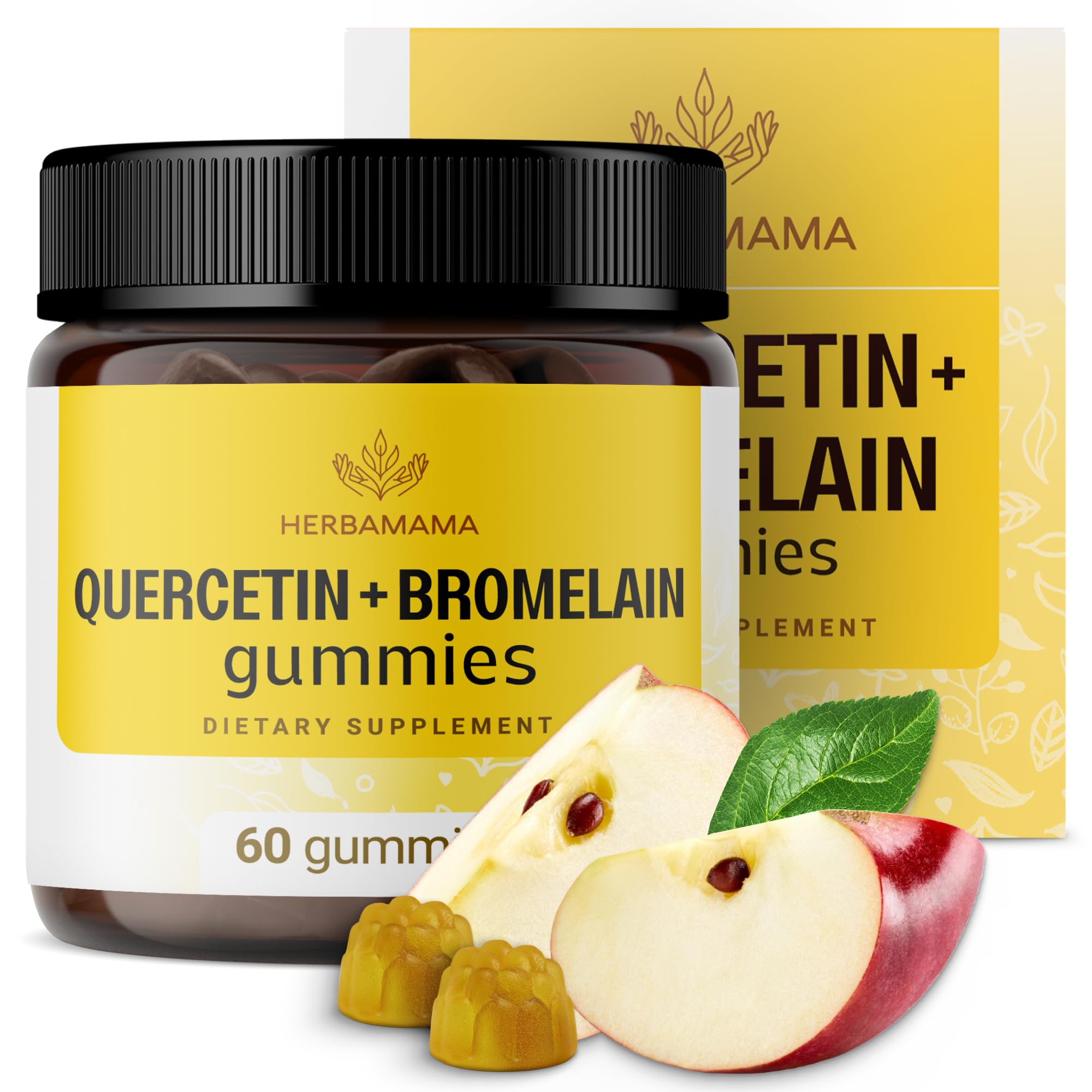 HERBAMAMA Quercetin with Bromelain Gummies - 800 mg Bromelain and Quercetin Immune Support Supplement - Vegan, Gelatin-Free, Non-GMO - 60 Apple-Flavored Chews