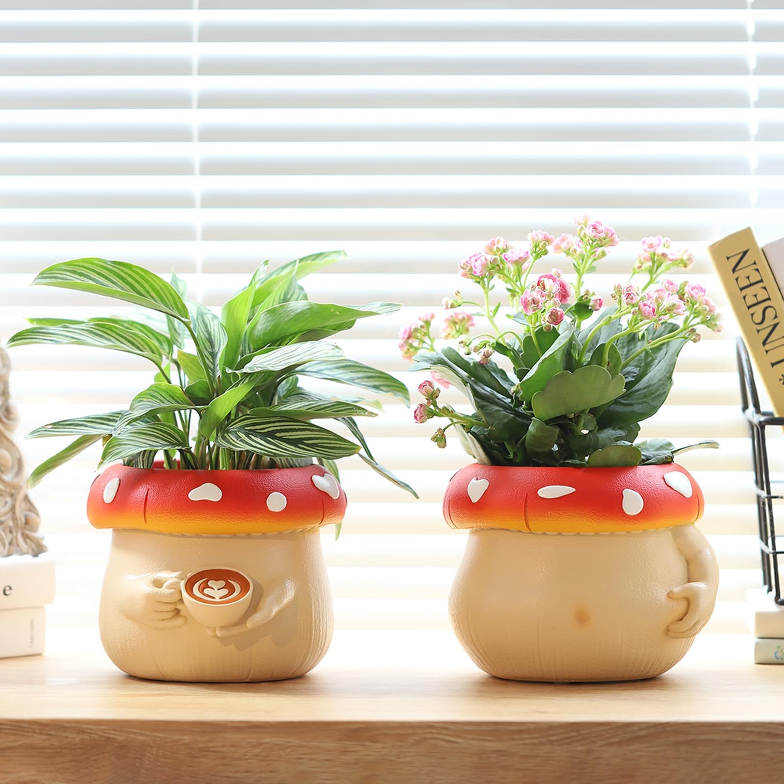 GUGUGOCute Mushroom Planter, Colorful Succulent Pots with Drainage, Unique Small Body Planters Pots for Indoor Plants, Funny Eclectic Gardening Gifts