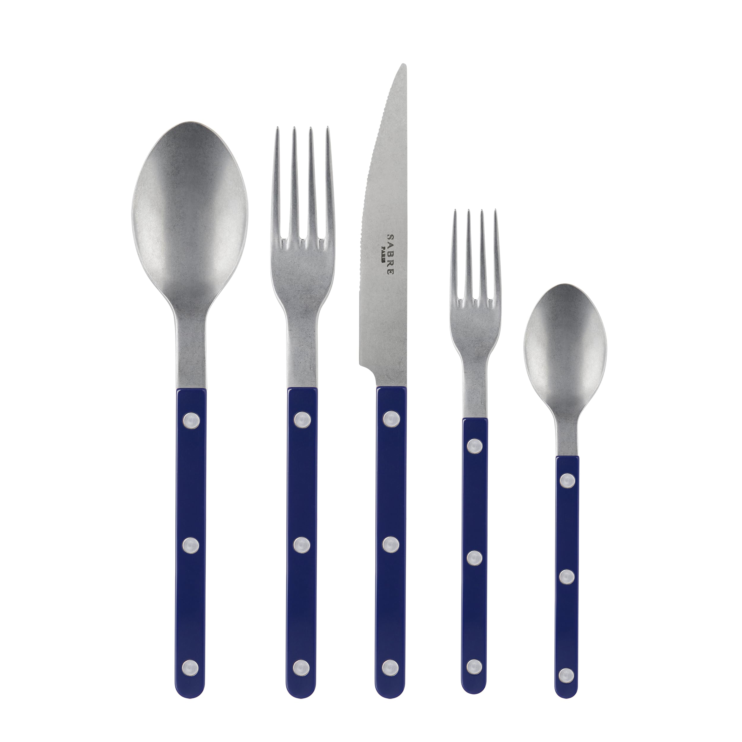 Sabre Paris5-Piece Flatware Set - Bistrot Vintage Collection - Knife, Fork, Soup Spoon, Teaspoon & Dessert Fork - Stainless Steel & Nylon - Dishwasher Safe - Navy Blue - Mat Finish