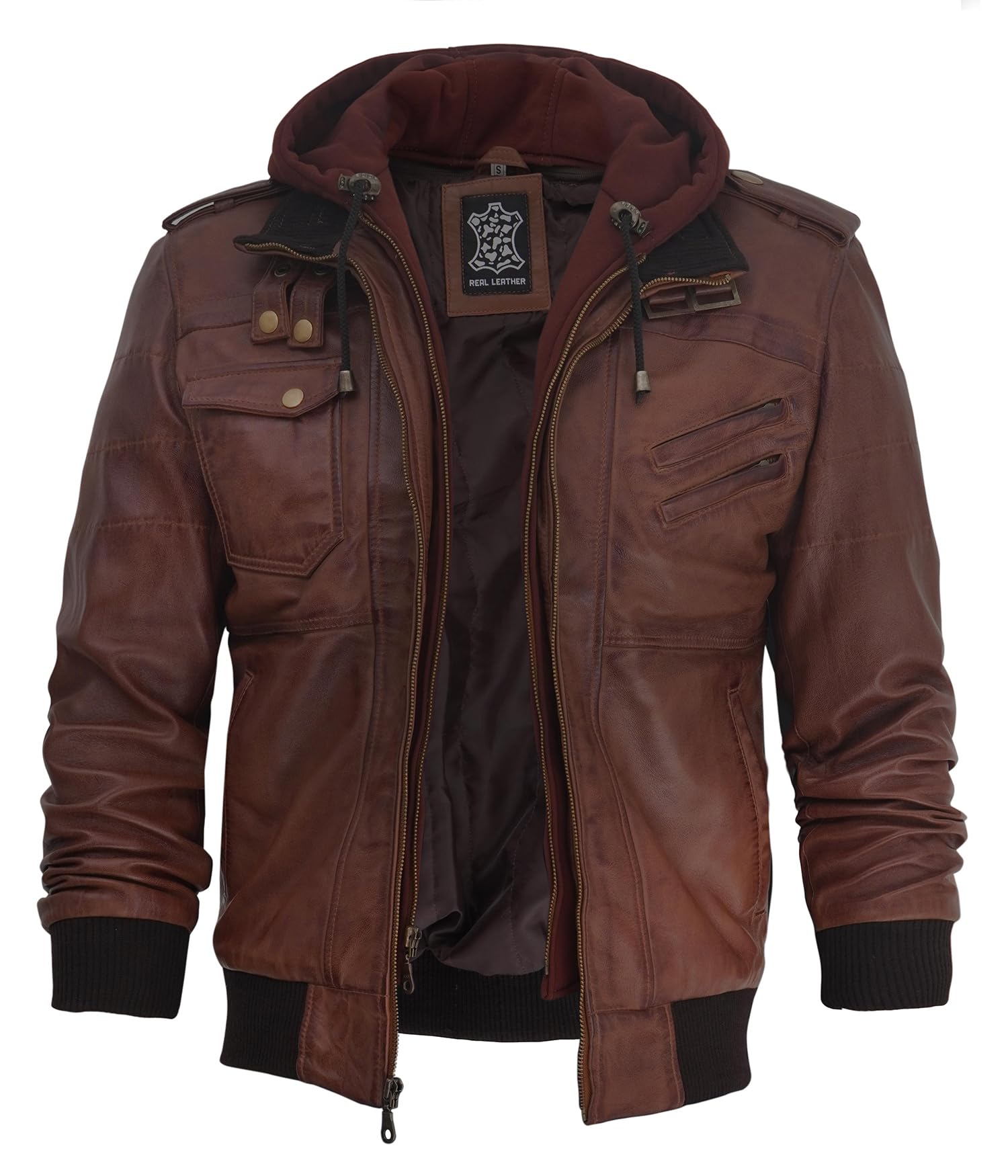 fjackets Real Leather Bomber Jacket - Motorcycle Casual Stand Collar Jackets with Removable Hood