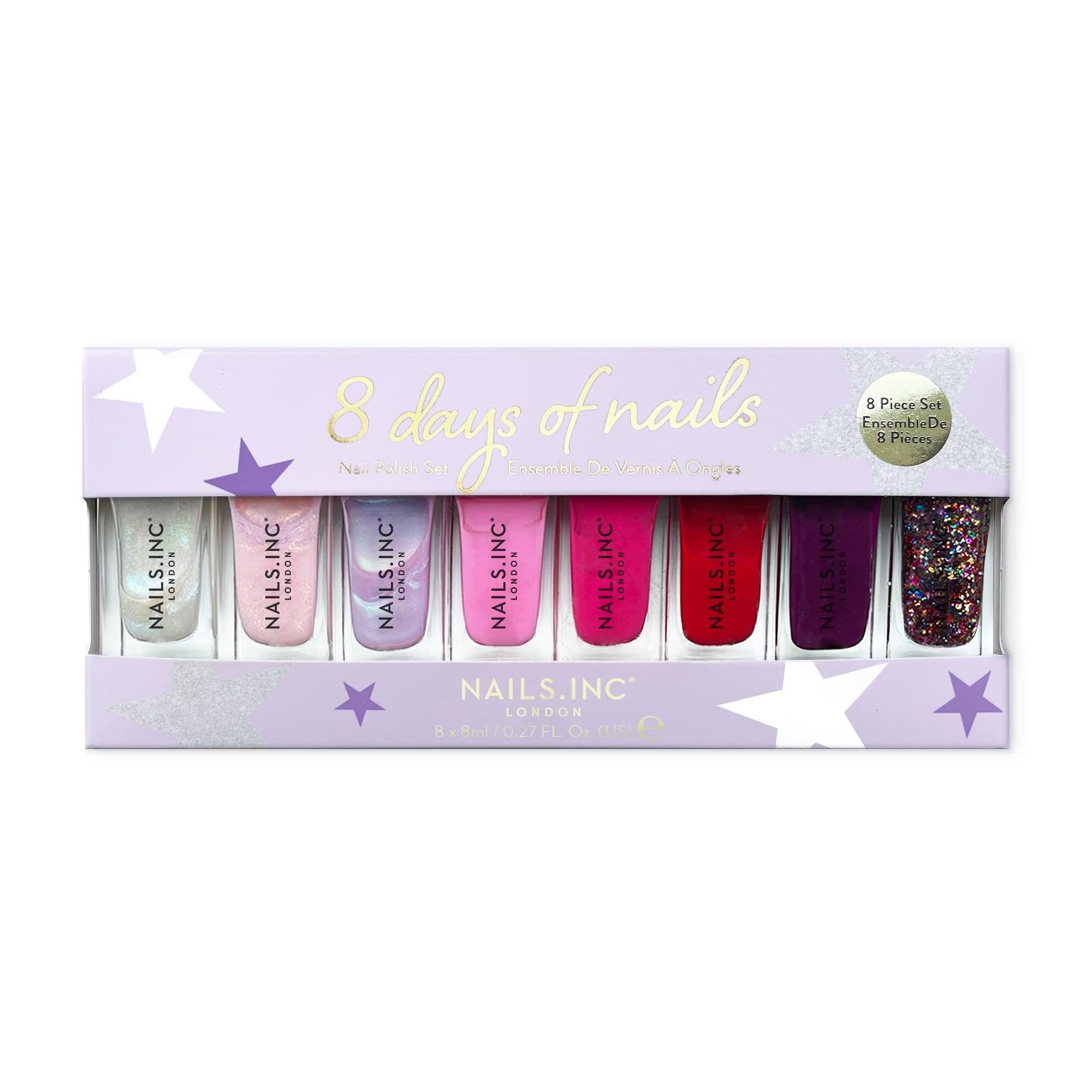 Nails.INC 8 days of Nails 8-Piece Miniature Nail Polish Gift Set, Longwear Rapid Dry Formulation, Cruelty Free, Vegan, 21 Free, Includes Shimmer and Classic Festive Shades