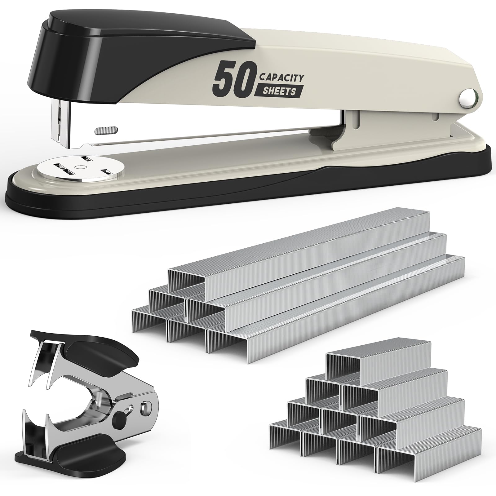 Metal Stapler Heavy Duty 50 Sheet Capacity, No Jam, Full Strip Staplers for Desk with 1750 Staples and Staple Remover, Non-Slip Office Stapler with Staples for Office & Classroom, White