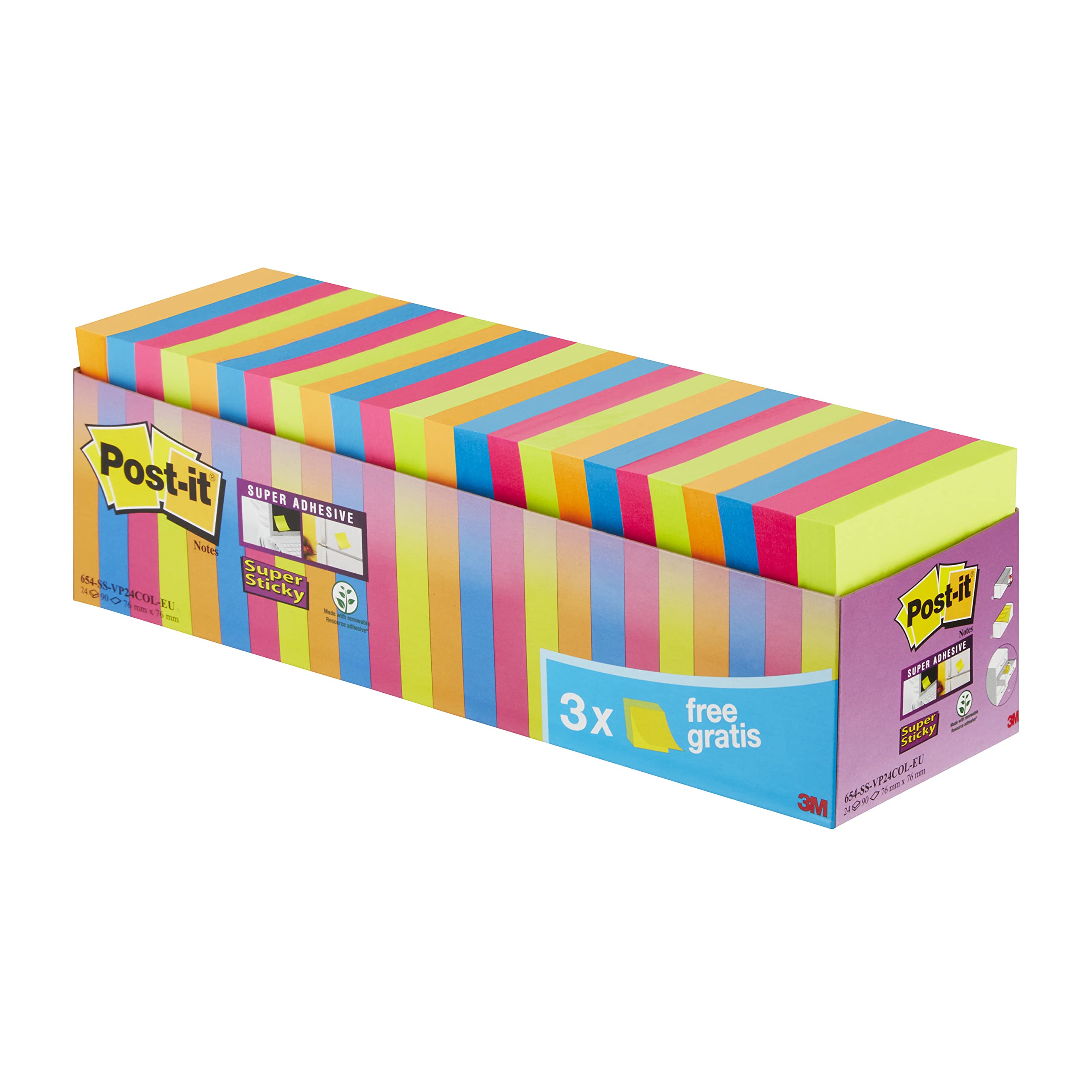 Post-it Super Sticky Notes, Double the Sticking Power, 24 Pads, 2160 Sheets, 76 mm x 76 mm, Green, Pink, Blue, Orange Colors - Self-Sticking Notes for Walls, Monitors and Fridge