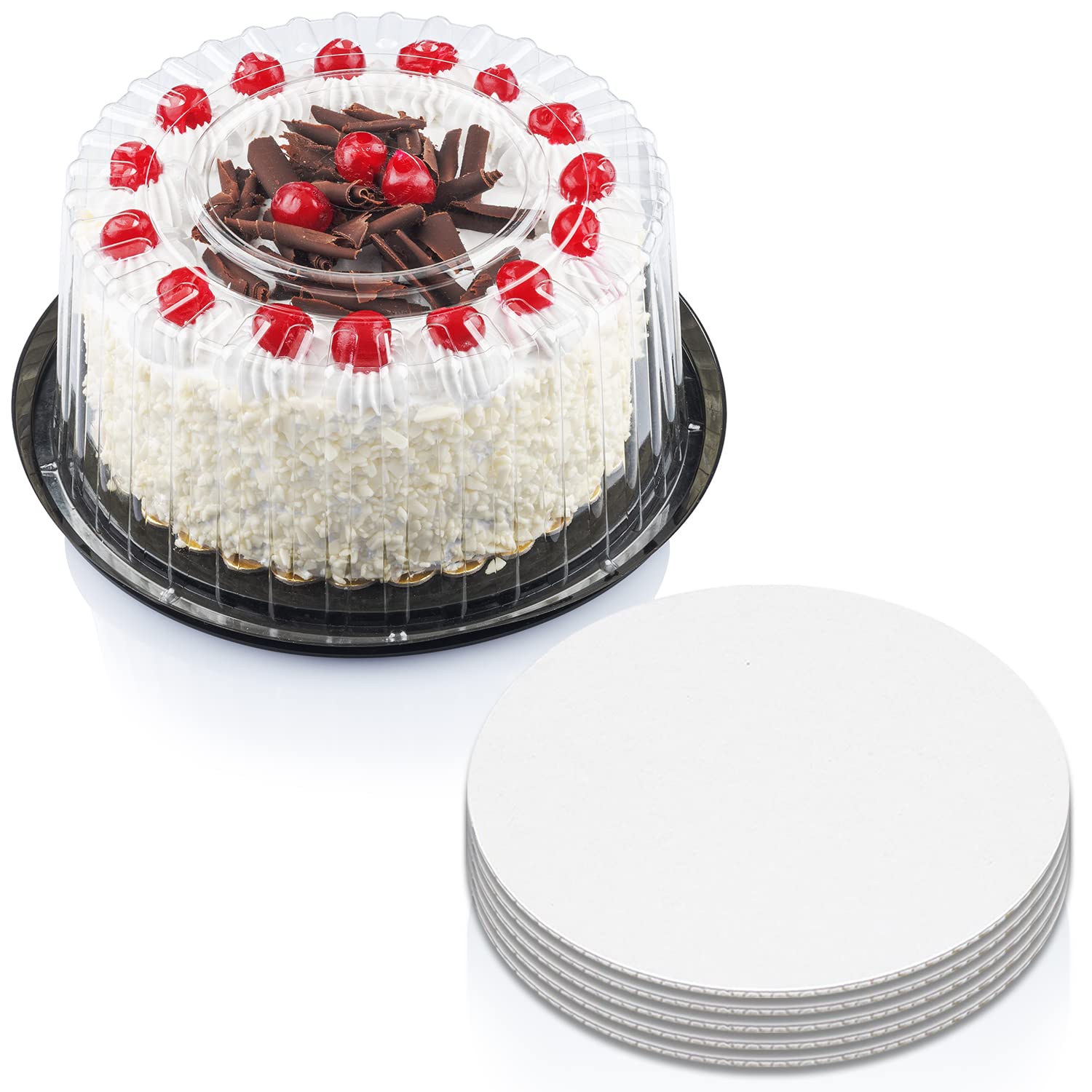 Plastic Cake Containers with Lids | Disposable Cake Containers 9 Inch Cake Carries for Transport and 9 inch Cake Boards 5 Pack of Each | Clear Bunt Cake, Cheesecake, and Pie Plastic Containers