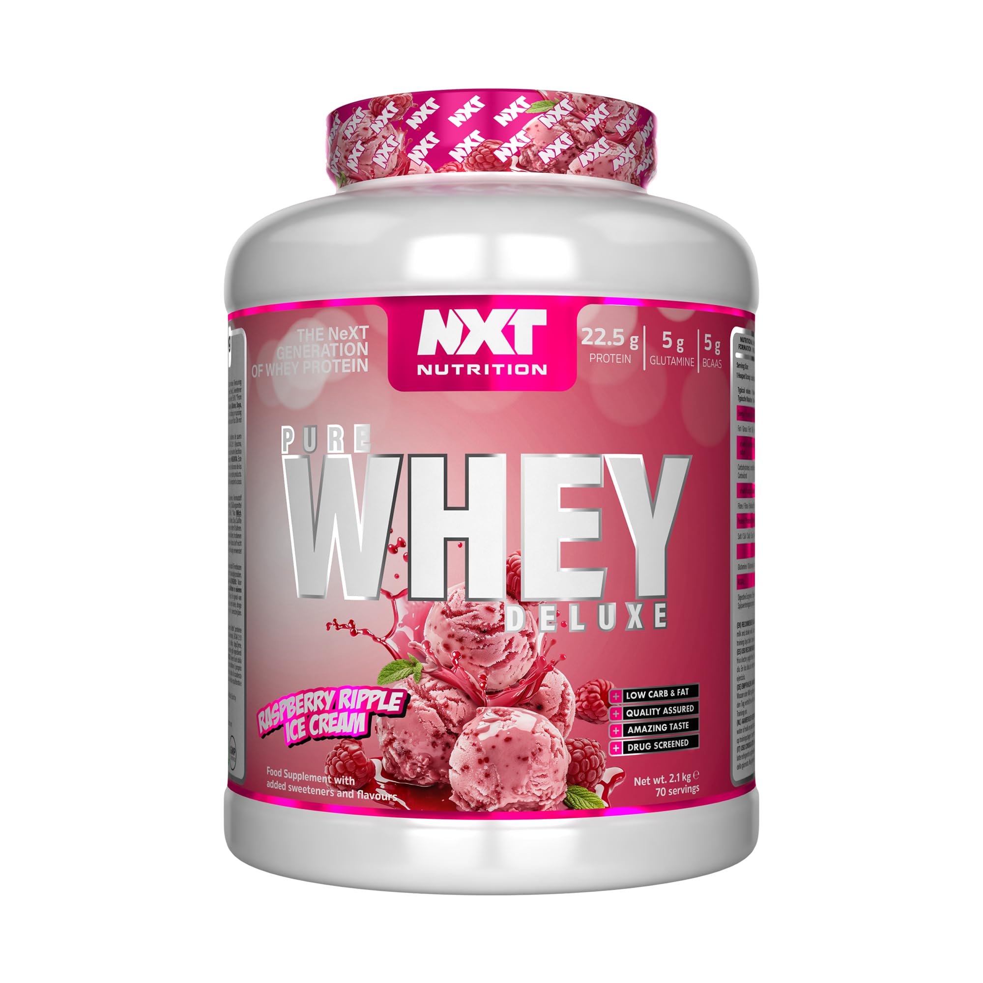 NXT Nutrition Pure Whey Deluxe 2.1kg | Whey Protein | Muscle Growth and Recovery | 70 Servings | 5g Glutamine | 5g BCAA | Raspberry Ripple Ice Cream