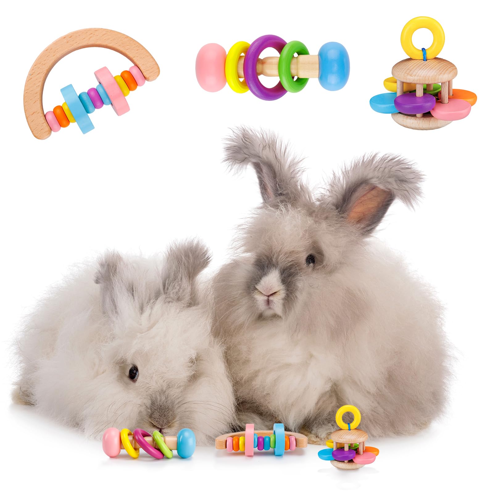 MEWTOGO 3 Pcs Wooden Bunny Toys - Safe Eco-Friendly Rabbit Toys, Bite-Resistant Guinea Pigs Toys for Chinchillas Hamsters Small Animals Playing Teeth Grinding Indoor Outdoor