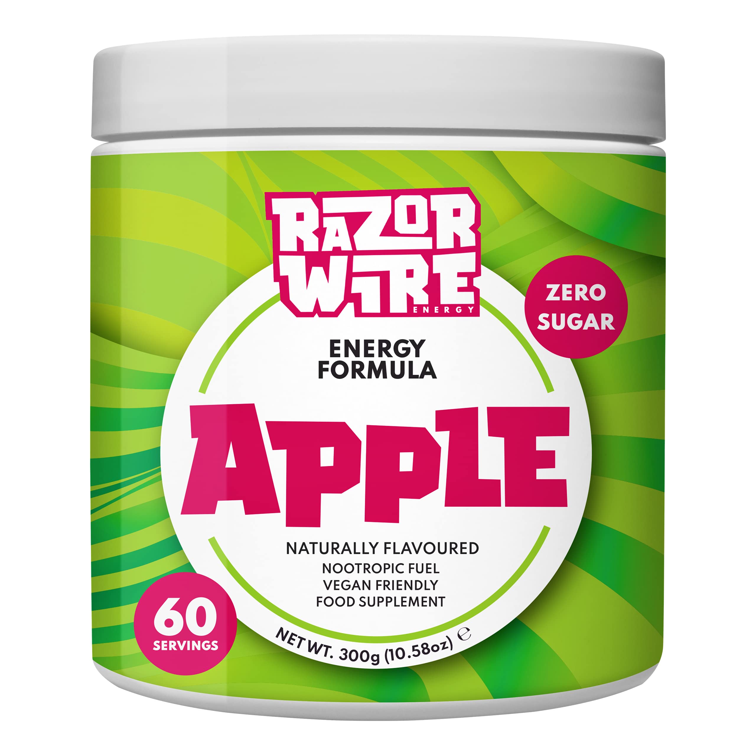 RAZORWIRE ENERGY | Apple | Focus Boost Energy Drink, Zero Sugar, Low-Calorie, Vegan | 60 Servings