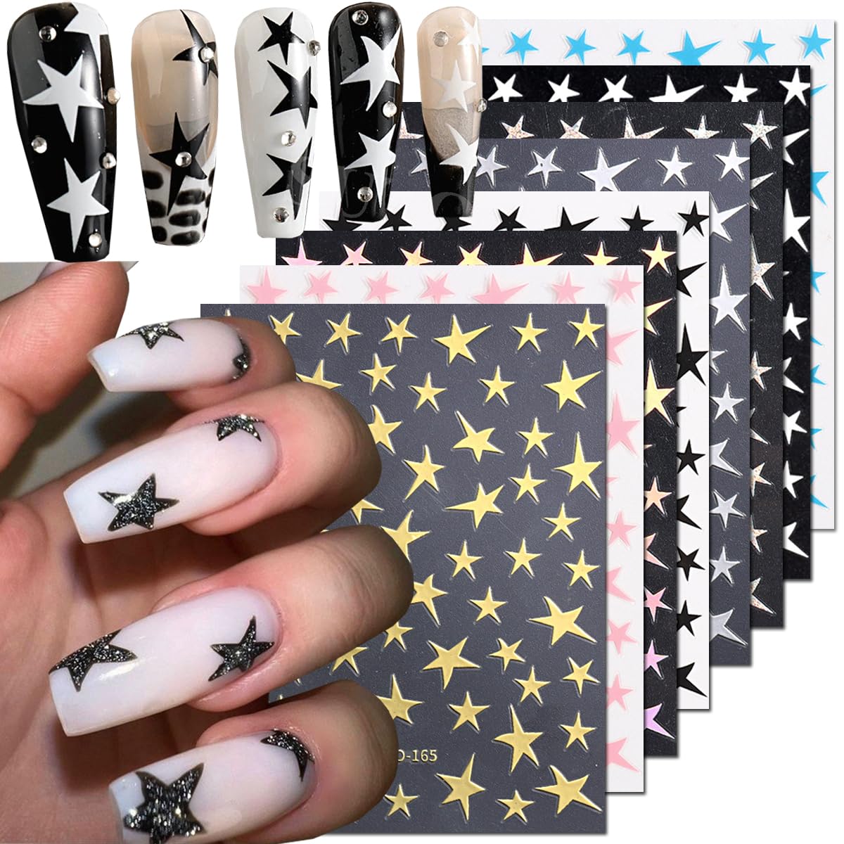 8 Sheets Star Nail Art Stickers Decals Designer Nail Art Supplies 3D Glitters Starlight Irregular Pentagram Black White Pink Lase Stars Gold Nail Design Decal for Woman DIY Manicure Decoration