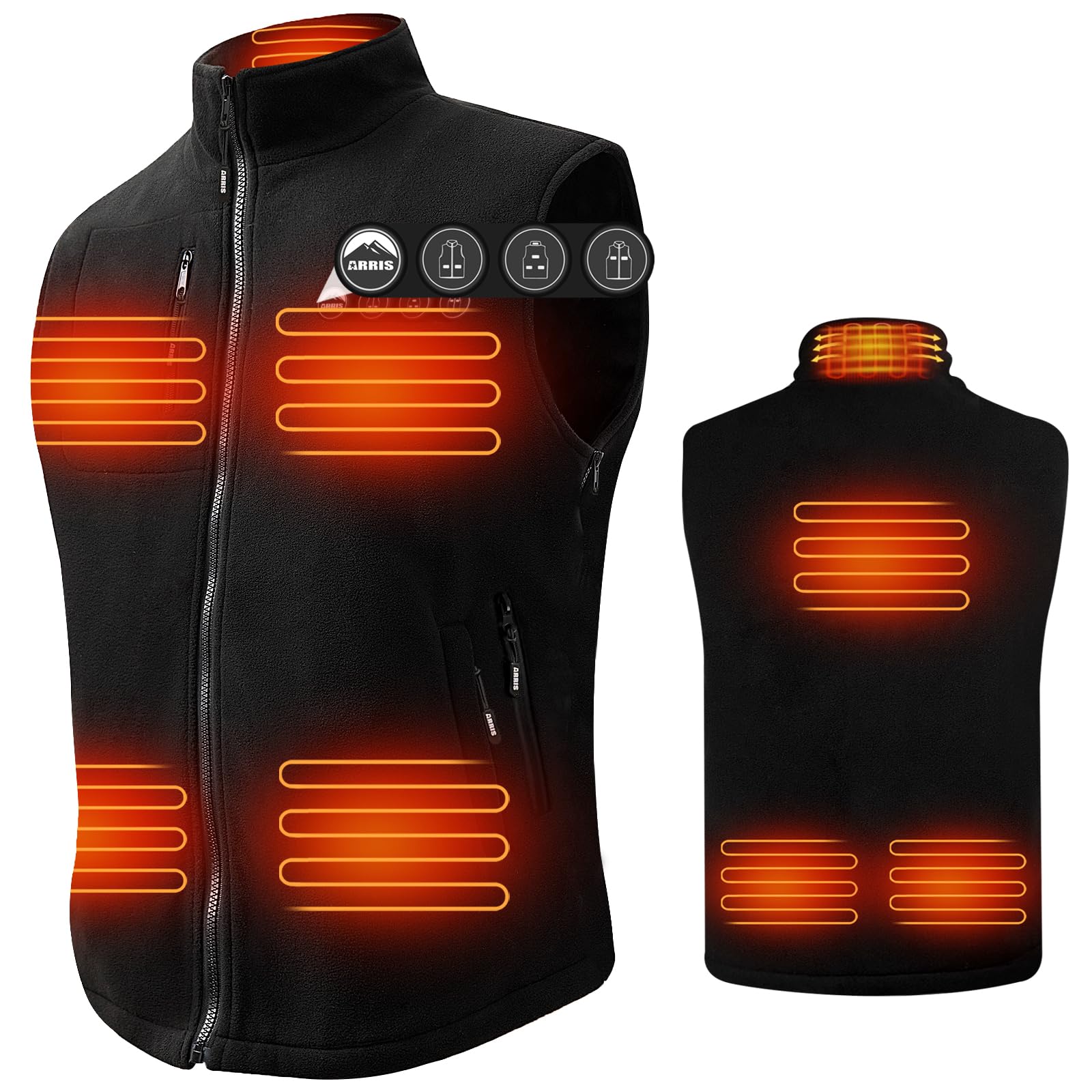 ARRIS Fleece Heated Vest for Men with Battery Pack Included, Size Adjustable 8 Heating Zones for Hunting Black