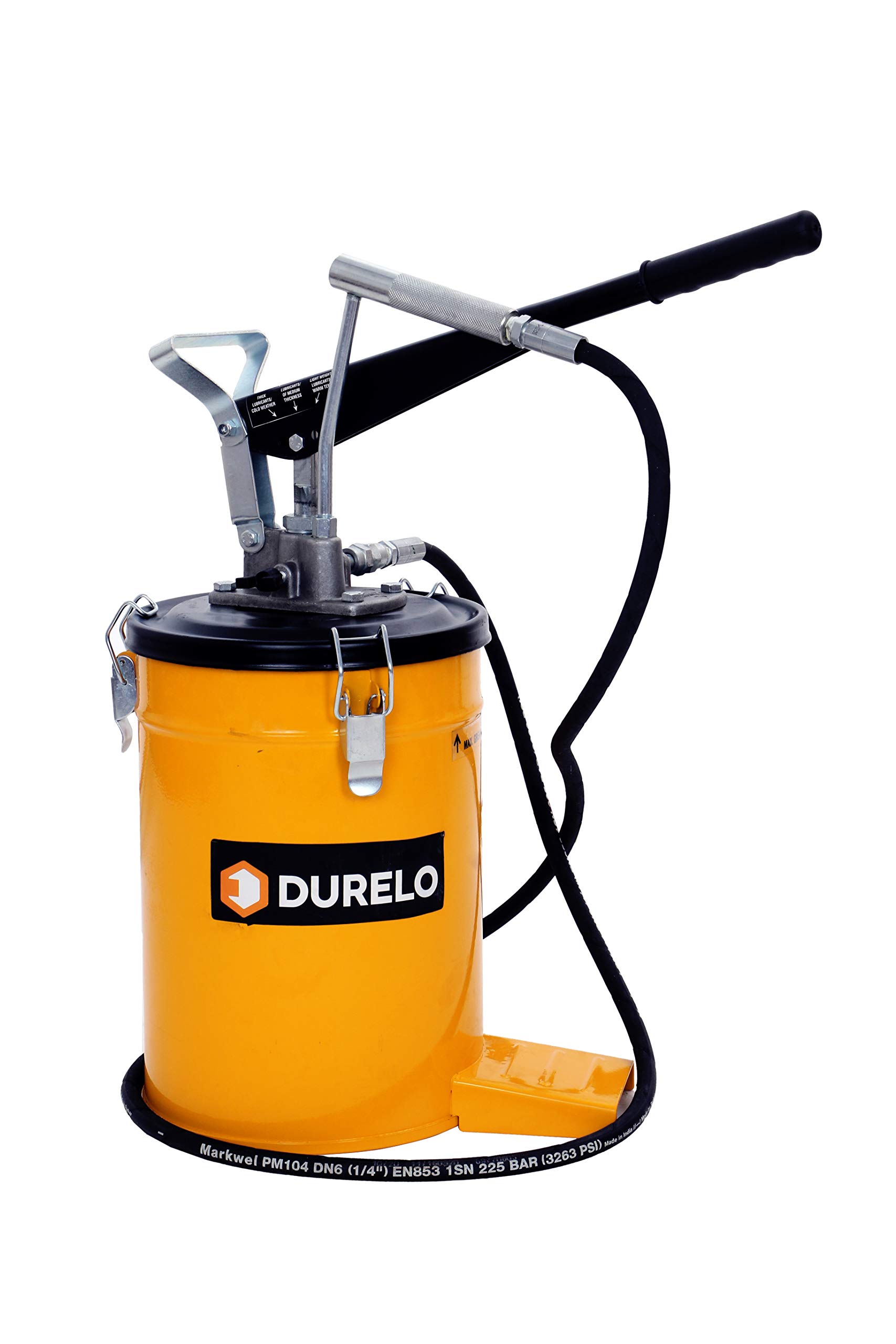 DURELO GBP-10 Grease Gun Bucket 10kg | High Pressure Grease Pump Complete with Handle, High Pressure Hose 2.2mtr and 4 Jaw Coupler