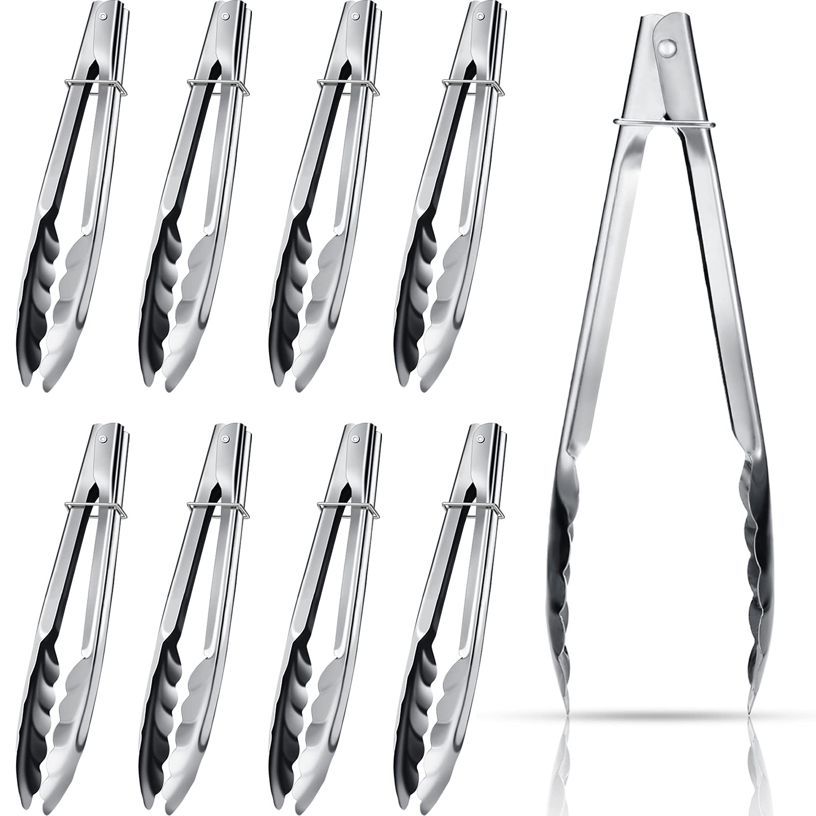 Stainless Steel Kitchen Tongs Set Cooking Tongs with Sliding Rings 7 Inch Metal Kitchen Tongs Small Clam Shell Cooking Tongs Non Slip Food Tongs for Cooking Salad Grilling Barbecue(9 Pieces)