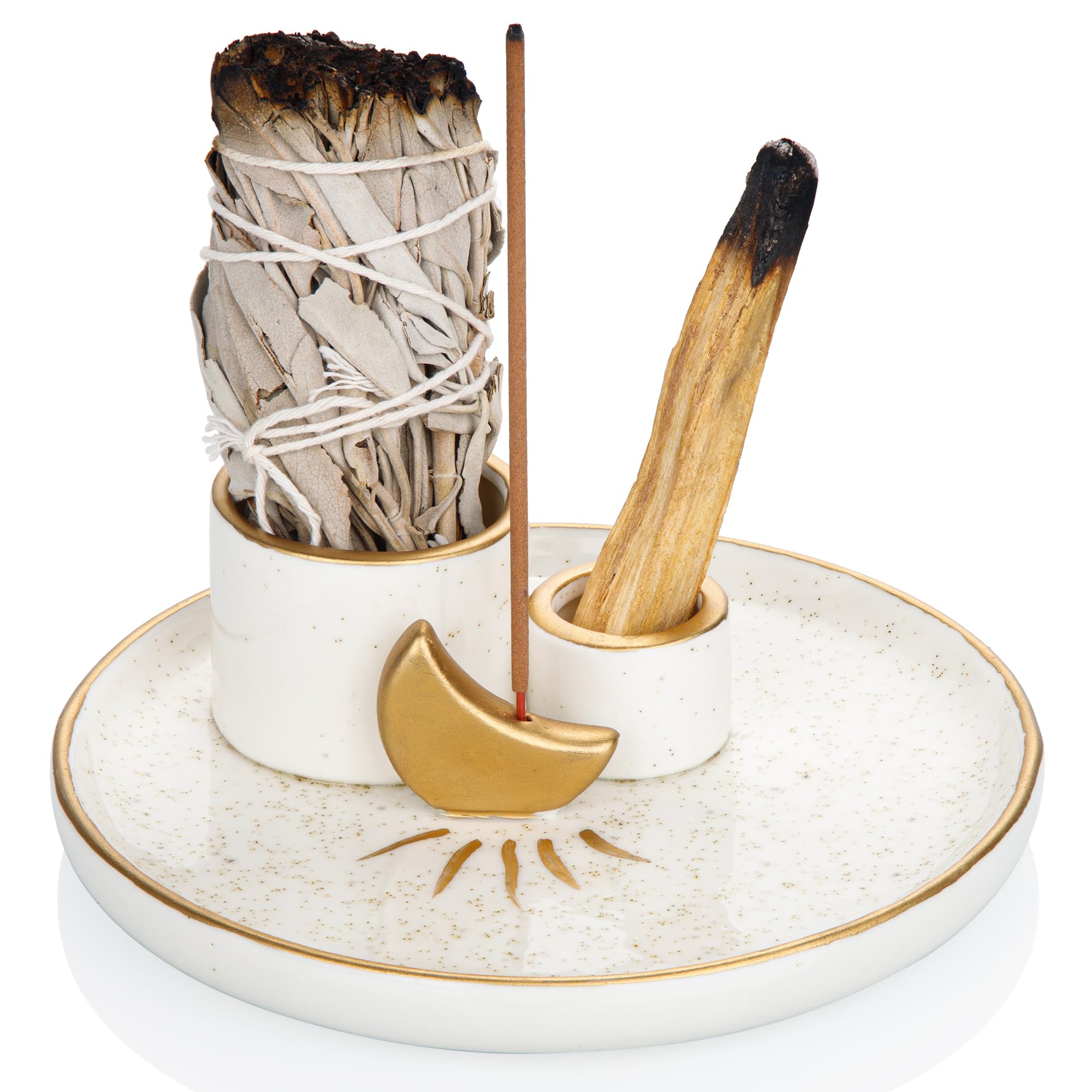 ZenBless Multifunction Incense and Candle Holder for Burning Sage, Palo Santo, Incense Sticks - 5.9" Ceramic Ash Catcher Tray for Meditation Room (Gold)