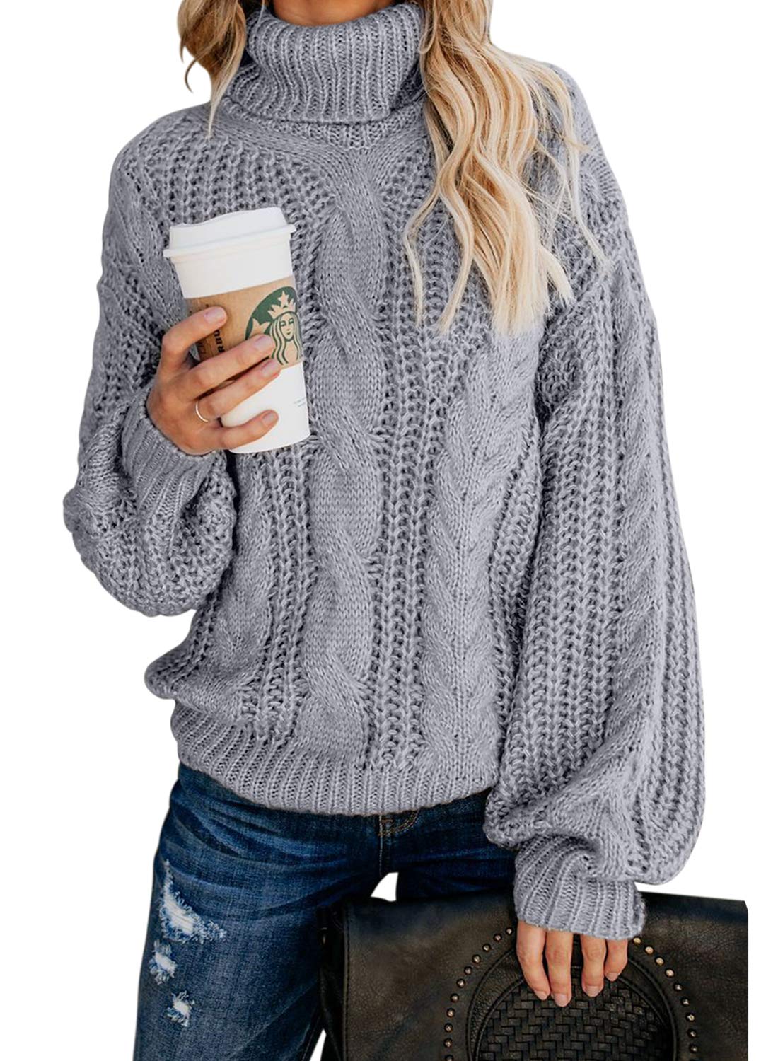 ArainloWomens Cable Knit Jumper Chunky Long Sleeve Sweater Oversized Pullover Tops