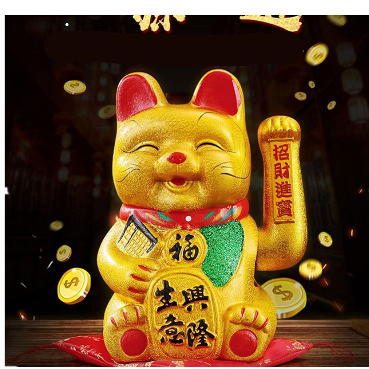 Lucky Cat,Beckoning Ceramic Maneki Neko Lucky Fengshui Cat,Japanese Lucky Cat with Waving Arm Gold Battery Operated(7 inches)