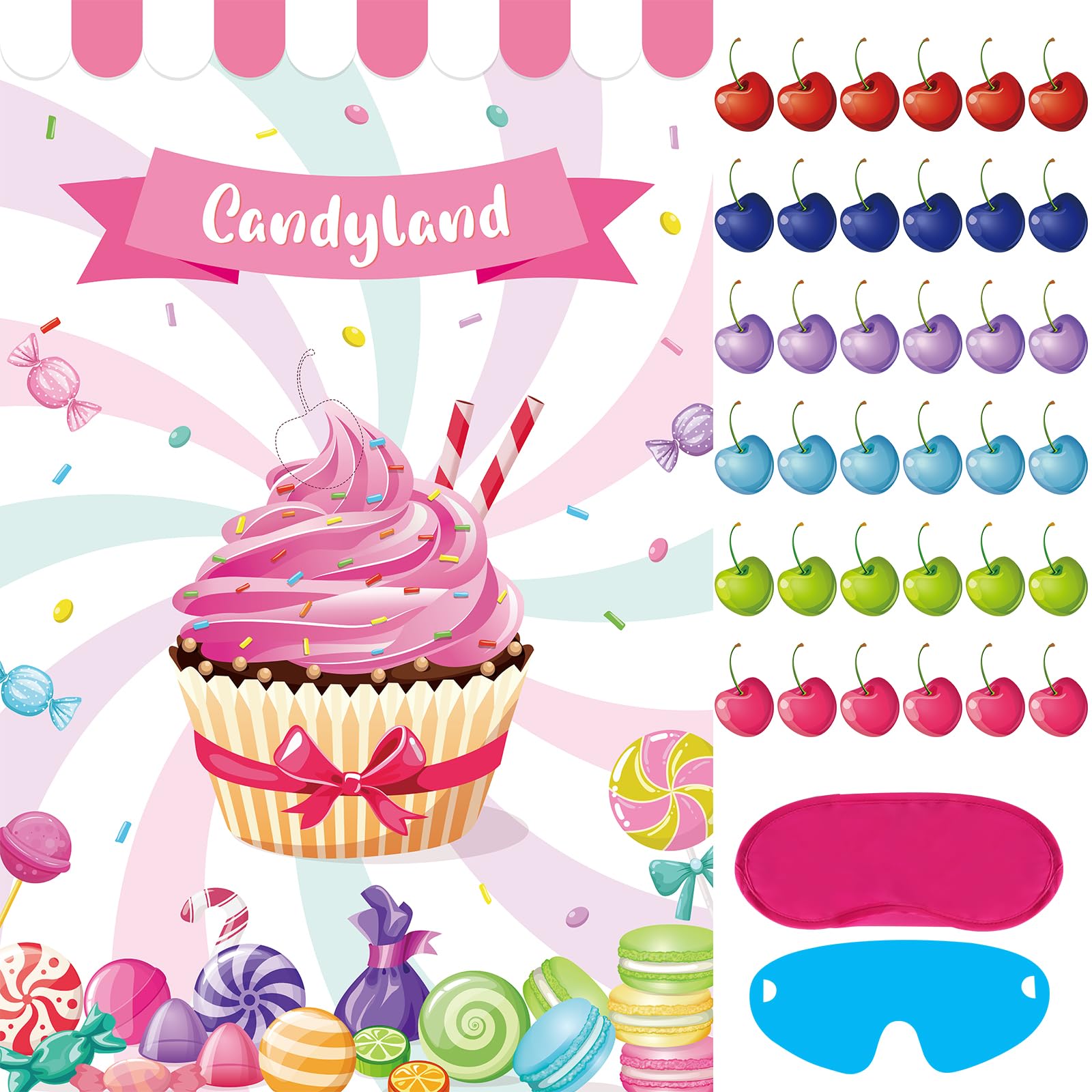 Pin The Cherry on The Cupcake Game for Kids Birthday Pin Game Girls Birthday Party Games Candy Land Party Decorations, Large Candyland Game Poster with 36 Cherry Stickers Candyland Party Favors