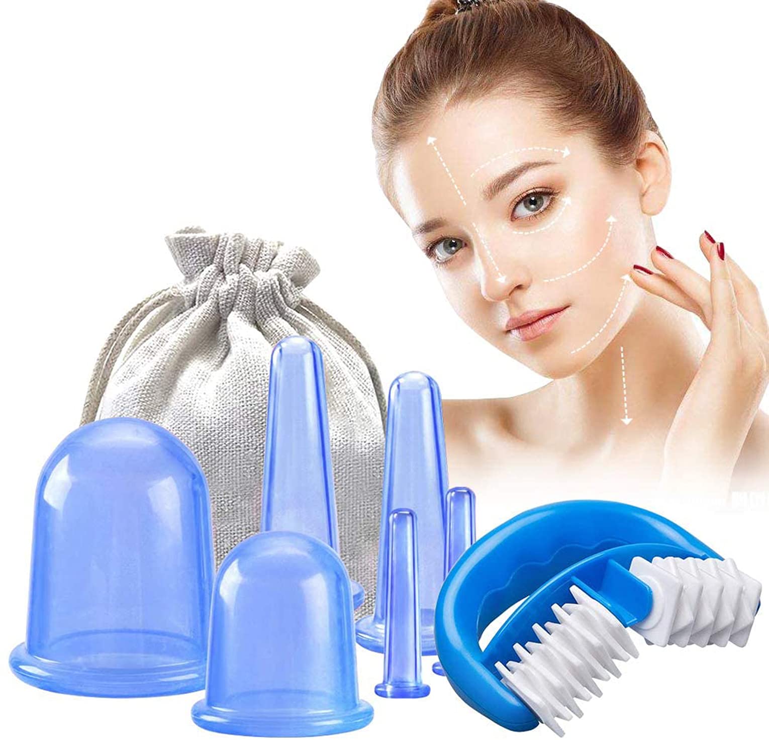 ELECDON Silicone Cupping Therapy Set, Anti Cellulite Cups with Body Cups, Face Cupping Eye Cups and Manual Massage Roller, Release Fascia, Lymphatic Drainage or Natural Pain Relief (Blue)